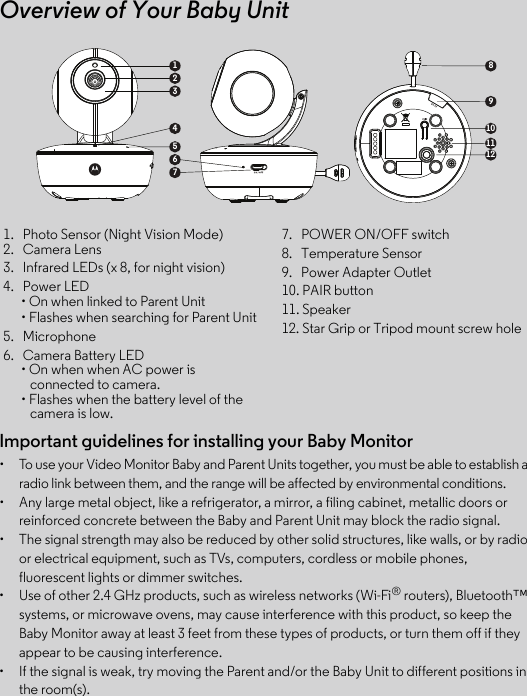 Important guidelines for installing your Baby Monitor•  To use your Video Monitor Baby and Parent Units together, you must be able to establish a radio link between them, and the range will be affected by environmental conditions.•  Any large metal object, like a refrigerator, a mirror, a filing cabinet, metallic doors or reinforced concrete between the Baby and Parent Unit may block the radio signal.•  The signal strength may also be reduced by other solid structures, like walls, or by radio or electrical equipment, such as TVs, computers, cordless or mobile phones, fluorescent lights or dimmer switches.•  Use of other 2.4 GHz products, such as wireless networks (Wi-Fi® routers), Bluetooth™ systems, or microwave ovens, may cause interference with this product, so keep the Baby Monitor away at least 3 feet from these types of products, or turn them off if they appear to be causing interference.•  If the signal is weak, try moving the Parent and/or the Baby Unit to different positions in the room(s).1.   Photo Sensor (Night Vision Mode)2.   Camera Lens3.   Infrared LEDs (x 8, for night vision)4.   Power LED• On when linked to Parent Unit• Flashes when searching for Parent Unit5.   Microphone6.   Camera Battery LED• On when when AC power is connected to camera.• Flashes when the battery level of the camera is low.7.   POWER ON/OFF switch8.   Temperature Sensor9.   Power Adapter Outlet10. PAIR button11. Speaker12. Star Grip or Tripod mount screw holeOverview of Your Baby Unit671234591012811