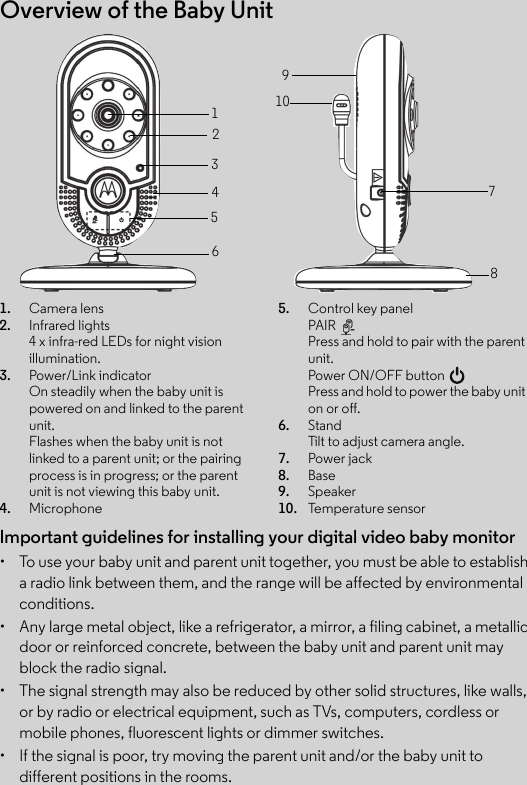 Overview of the Baby Unit12345678910Important guidelines for installing your digital video baby monitor•  To use your baby unit and parent unit together, you must be able to establish a radio link between them, and the range will be affected by environmental conditions.•  Any large metal object, like a refrigerator, a mirror, a filing cabinet, a metallic door or reinforced concrete, between the baby unit and parent unit may block the radio signal.•  The signal strength may also be reduced by other solid structures, like walls, or by radio or electrical equipment, such as TVs, computers, cordless or mobile phones, fluorescent lights or dimmer switches.•  If the signal is poor, try moving the parent unit and/or the baby unit to different positions in the rooms.1. Camera lens2. Infrared lights4 x infra-red LEDs for night vision illumination.3. Power/Link indicatorOn steadily when the baby unit is powered on and linked to the parent unit. Flashes when the baby unit is not linked to a parent unit; or the pairing process is in progress; or the parent unit is not viewing this baby unit.4. Microphone5. Control key panelPAIR Press and hold to pair with the parent unit.Power ON/OFF button Press and hold to power the baby unit on or off.6. StandTilt to adjust camera angle.7. Power jack8. Base9. Speaker10. Temperature sensor