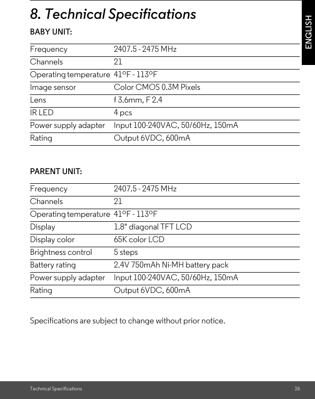 Technical Specifications 26ENGLISH8. Technical SpecificationsBABY UNIT:                           PARENT UNIT:     Specifications are subject to change without prior notice.Frequency 2407.5 - 2475 MHz Channels 21Operating temperature   41ºF - 113ºFImage sensor  Color CMOS 0.3M PixelsLens f 3.6mm, F 2.4IR LED 4 pcsPower supply adapter Input 100-240VAC, 50/60Hz, 150mARating Output 6VDC, 600mAFrequency 2407.5 - 2475 MHz Channels 21Operating temperature   41ºF - 113ºFDisplay 1.8&quot; diagonal TFT LCDDisplay color      65K color LCDBrightness control  5 stepsBattery rating  2.4V 750mAh Ni-MH battery packPower supply adapter Input 100-240VAC, 50/60Hz, 150mARating Output 6VDC, 600mA