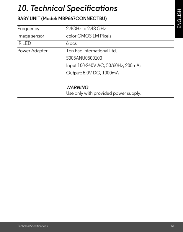 Technical Specifications 51ENGLISH10. Technical SpecificationsBABY UNIT (Model: MBP667CONNECTBU)                           Frequency 2.4GHz to 2.48 GHzImage sensor color CMOS 1M PixelsIR LED 6 pcsPower Adapter Ten Pao International Ltd.S005ANU0500100Input 100-240V AC, 50/60Hz, 200mA;Output: 5.0V DC, 1000mAWARNINGUse only with provided power supply.