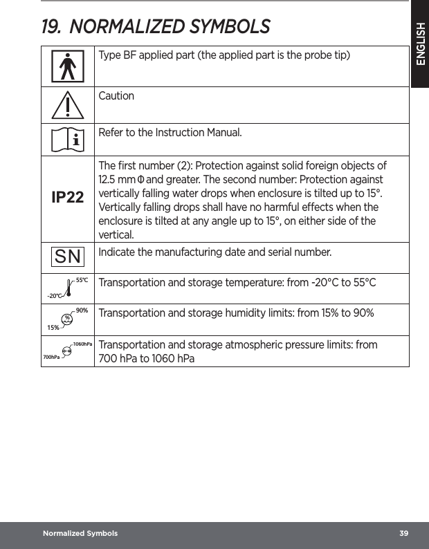 ENGLISH Normalized Symbols  3919.  NORMALIZED SYMBOLSType BF applied part (the applied part is the probe tip)CautionRefer to the Instruction Manual.IP22The ﬁrst number (2): Protection against solid foreign objects of 12.5 mm Ф and greater. The second number: Protection against vertically falling water drops when enclosure is tilted up to 15°. Vertically falling drops shall have no harmful eects when the enclosure is tilted at any angle up to 15°, on either side of the vertical.SNIndicate the manufacturing date and serial number.ȭȭTransportation and storage temperature: from -20°C to 55°C%Transportation and storage humidity limits: from 15% to 90%N6GN6GTransportation and storage atmospheric pressure limits: from 700hPa to 1060hPa