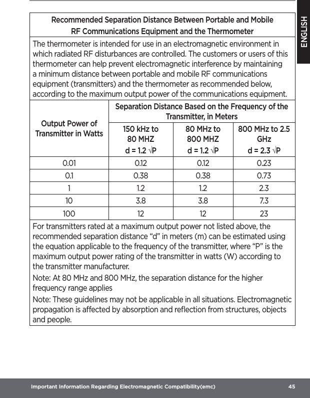 ENGLISH Important Information Regarding Electromagnetic Compatibility(emc)  45Recommended Separation Distance Between Portable and MobileRF Communications Equipment and the ThermometerThe thermometer is intended for use in an electromagnetic environment in which radiated RF disturbances are controlled. The customers or users of this thermometer can help prevent electromagnetic interference by maintaining a minimum distance between portable and mobile RF communications equipment (transmitters) and the thermometer as recommended below, according to the maximum output power of the communications equipment.Output Power of Transmitter in WattsSeparation Distance Based on the Frequency of the Transmitter, in Meters150 kHz to 80MHZd = 1.2 √P80 MHz to 800MHZd = 1.2 √P800 MHz to 2.5 GHzd = 2.3 √P0.01 0.12 0.12 0.230.1 0.38 0.38 0.7311.2 1.2 2.310 3.8 3.8 7.3100 12 12 23For transmitters rated at a maximum output power not listed above, the recommended separation distance “d” in meters (m) can be estimated using the equation applicable to the frequency of the transmitter, where “P” is the maximum output power rating of the transmitter in watts (W) according to the transmitter manufacturer.Note: At 80 MHz and 800 MHz, the separation distance for the higher frequency range appliesNote: These guidelines may not be applicable in all situations. Electromagnetic propagation is aected by absorption and reﬂection from structures, objects and people.