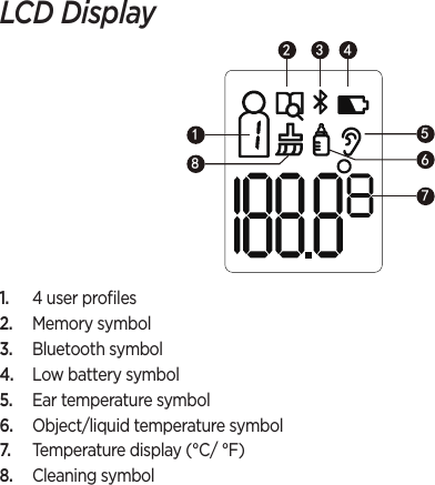 LCD Display 1.  4 user proﬁles2.  Memory symbol3.  Bluetooth symbol4.  Low battery symbol5.  Ear temperature symbol6.  Object/liquid temperature symbol7.  Temperature display (°C/ °F)8.  Cleaning symbol