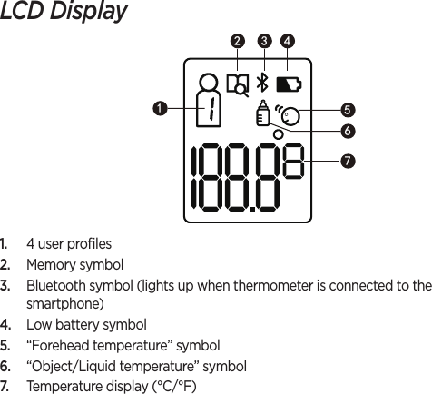 LCD Display 1.  4 user proﬁles2.  Memory symbol3.  Bluetooth symbol (lights up when thermometer is connected to the smartphone)4.  Low battery symbol5.  “Forehead temperature” symbol6.  “Object/Liquid temperature” symbol7.  Temperature display (°C/°F)