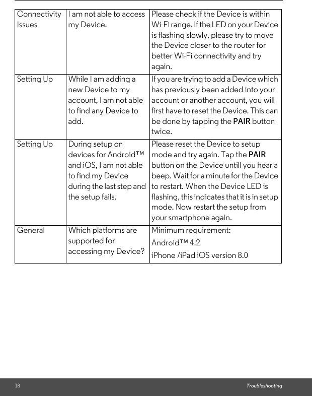 18 TroubleshootingConnectivity IssuesI am not able to access my Device.Please check if the Device is within Wi-Fi range. If the LED on your Device is flashing slowly, please try to move the Device closer to the router for better Wi-Fi connectivity and try again.Setting Up While I am adding a new Device to my account, I am not able to find any Device to add.If you are trying to add a Device which has previously been added into your account or another account, you will first have to reset the Device. This can be done by tapping the PAIR button twice.Setting Up During setup on devices for Android™ and iOS, I am not able to find my Device during the last step and the setup fails.Please reset the Device to setup mode and try again. Tap the PAIR  button on the Device untill you hear a beep. Wait for a minute for the Device to restart. When the Device LED is flashing, this indicates that it is in setup mode. Now restart the setup from your smartphone again.General Which platforms are supported for accessing my Device?Minimum requirement: Android™ 4.2 iPhone /iPad iOS version 8.0