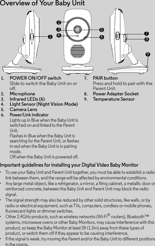 Overview of Your Baby Unit1. POWER ON/OFF switch Slide to switch the Baby Unit on or off.2. Microphone3. Infrared LEDs (6)4. Light Sensor (Night Vision Mode)5. Camera Lens6.Power/Link indicatorLights up in Blue when the Baby Unit is switched on and linked to the Parent Unit.Flashes in Blue when the Baby Unit is searching for the Parent Unit, or flashes in red when the Baby Unit is in pairing mode.Off when the Baby Unit is powered off.7. PAIR buttonPress and hold to pair with the Parent Unit.8. Power Adapter Socket9. Temperature  S e n s o r3167234589Important guidelines for installing your Digital Video Baby Monitor•  To use your Baby Unit and Parent Unit together, you must be able to establish a radio link between them, and the range will be affected by environmental conditions.•  Any large metal object, like a refrigerator, a mirror, a filing cabinet, a metallic door or reinforced concrete, between the Baby Unit and Parent Unit may block the radio signal.•  The signal strength may also be reduced by other solid structures, like walls, or by radio or electrical equipment, such as TVs, computers, cordless or mobile phones, fluorescent lights or dimmer switches.•  Other 2.4GHz products, such as wireless networks (Wi-Fi® routers), Bluetooth™ systems, microwave ovens or other Baby Monitors, may cause interference with this product, so keep the Baby Monitor at least 5ft (1.5m) away from these types of product, or switch them off if they appear to be causing interference.•  If the signal is weak, try moving the Parent and/or the Baby Unit to different positions in the rooms.