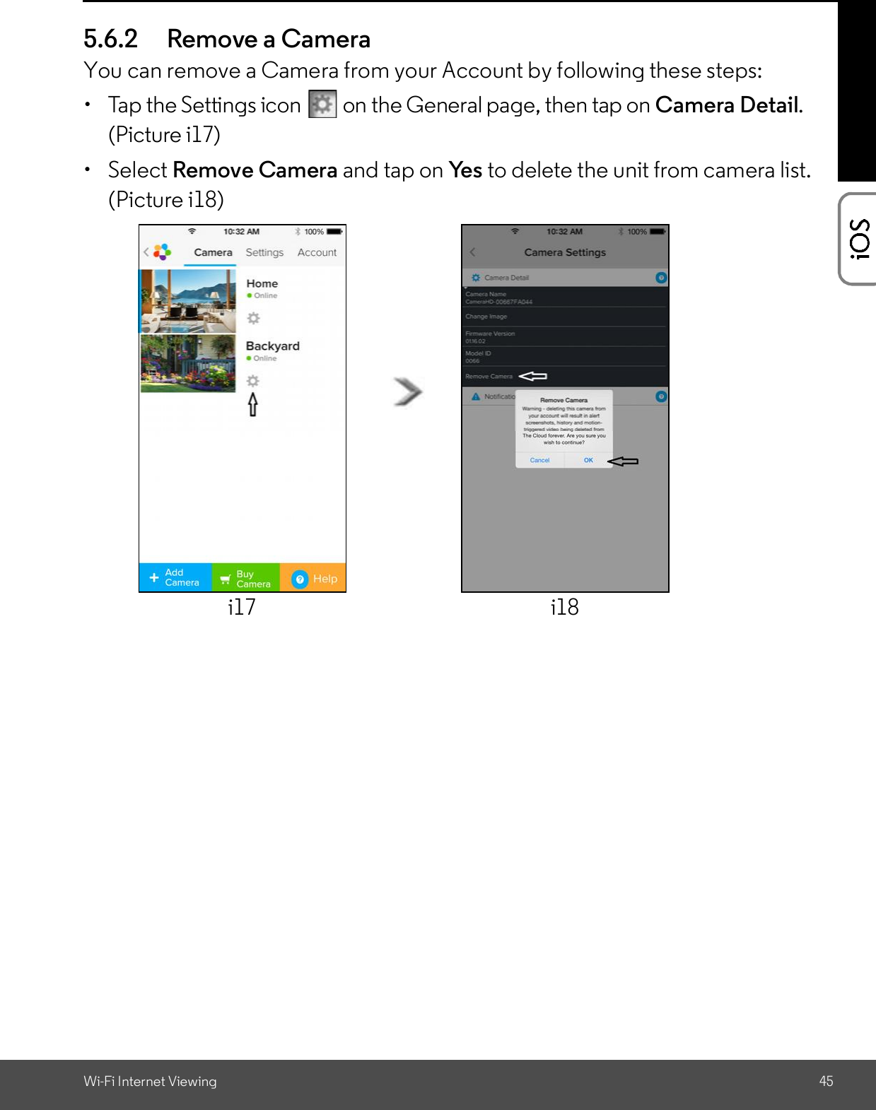 Wi-Fi Internet Viewing 455.6.2 Remove a CameraYou can remove a Camera from your Account by following these steps:  Tap the Settings icon   on the General page, then tap on Camera Detail.(Picture i17) Select Remove Camera and tap on Yes to delete the unit from camera list.(Picture i18)i17 i18