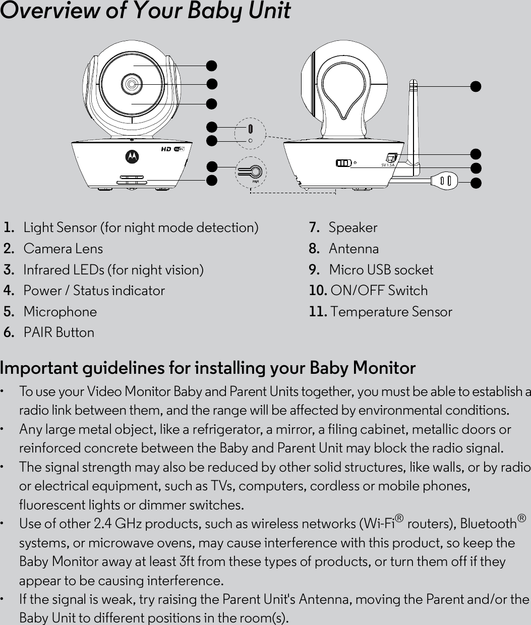 Important guidelines for installing your Baby Monitor  To use your Video Monitor Baby and Parent Units together, you must be able to establish aradio link between them, and the range will be affected by environmental conditions.  Any large metal object, like a refrigerator, a mirror, a filing cabinet, metallic doors orreinforced concrete between the Baby and Parent Unit may block the radio signal.  The signal strength may also be reduced by other solid structures, like walls, or by radioor electrical equipment, such as TVs, computers, cordless or mobile phones,fluorescent lights or dimmer switches.  Use of other 2.4 GHz products, such as wireless networks (Wi-Fi® routers), Bluetooth®systems, or microwave ovens, may cause interference with this product, so keep theBaby Monitor away at least 3ft from these types of products, or turn them off if theyappear to be causing interference.  If the signal is weak, try raising the Parent Unit&apos;s Antenna, moving the Parent and/or theBaby Unit to different positions in the room(s).1.   Light Sensor (for night mode detection) 7.   Speaker2.   Camera Lens 8.   Antenna3.   Infrared LEDs (for night vision) 9.   Micro USB socket4.   Power / Status indicator 10. ON/OFF Switch5.   Microphone 11. Temperature Sensor6.   PAIR ButtonOverview of Your Baby Unit