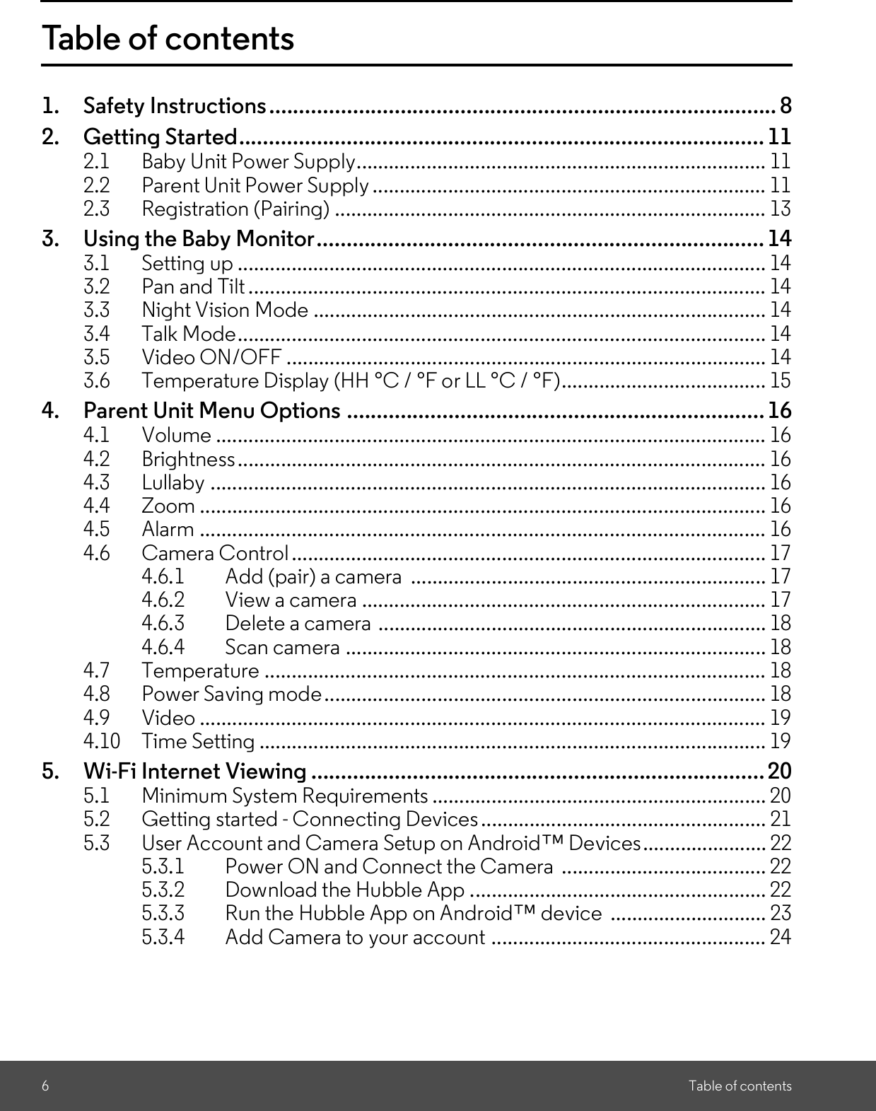 6Table of contentsTable of contents1. Safety Instructions..................................................................................... 82. Getting Started........................................................................................ 112.1 Baby Unit Power Supply............................................................................ 112.2 Parent Unit Power Supply ......................................................................... 112.3 Registration (Pairing) ................................................................................ 133. Using the Baby Monitor........................................................................... 143.1 Setting up .................................................................................................. 143.2 Pan and Tilt ................................................................................................ 143.3 Night Vision Mode .................................................................................... 143.4 Talk Mode.................................................................................................. 143.5 Video ON/OFF ......................................................................................... 143.6 Temperature Display (HH °C / °F or LL °C / °F)...................................... 154. Parent Unit Menu Options ...................................................................... 164.1 Volume ...................................................................................................... 164.2 Brightness.................................................................................................. 164.3 Lullaby ....................................................................................................... 164.4 Zoom ......................................................................................................... 164.5 Alarm ......................................................................................................... 164.6 Camera Control ........................................................................................ 174.6.1 Add (pair) a camera  .................................................................. 174.6.2 View a camera ........................................................................... 174.6.3 Delete a camera ........................................................................ 184.6.4 Scan camera .............................................................................. 184.7 Temperature ............................................................................................. 184.8 Power Saving mode.................................................................................. 184.9 Video ......................................................................................................... 194.10 Time Setting .............................................................................................. 195. Wi-Fi Internet Viewing ............................................................................205.1 Minimum System Requirements .............................................................. 205.2 Getting started - Connecting Devices ..................................................... 215.3 User Account and Camera Setup on Android Devices....................... 225.3.1 Power ON and Connect the Camera  ...................................... 225.3.2 Download the Hubble App ....................................................... 225.3.3 Run the Hubble App on Android device  ............................. 235.3.4 Add Camera to your account ................................................... 24