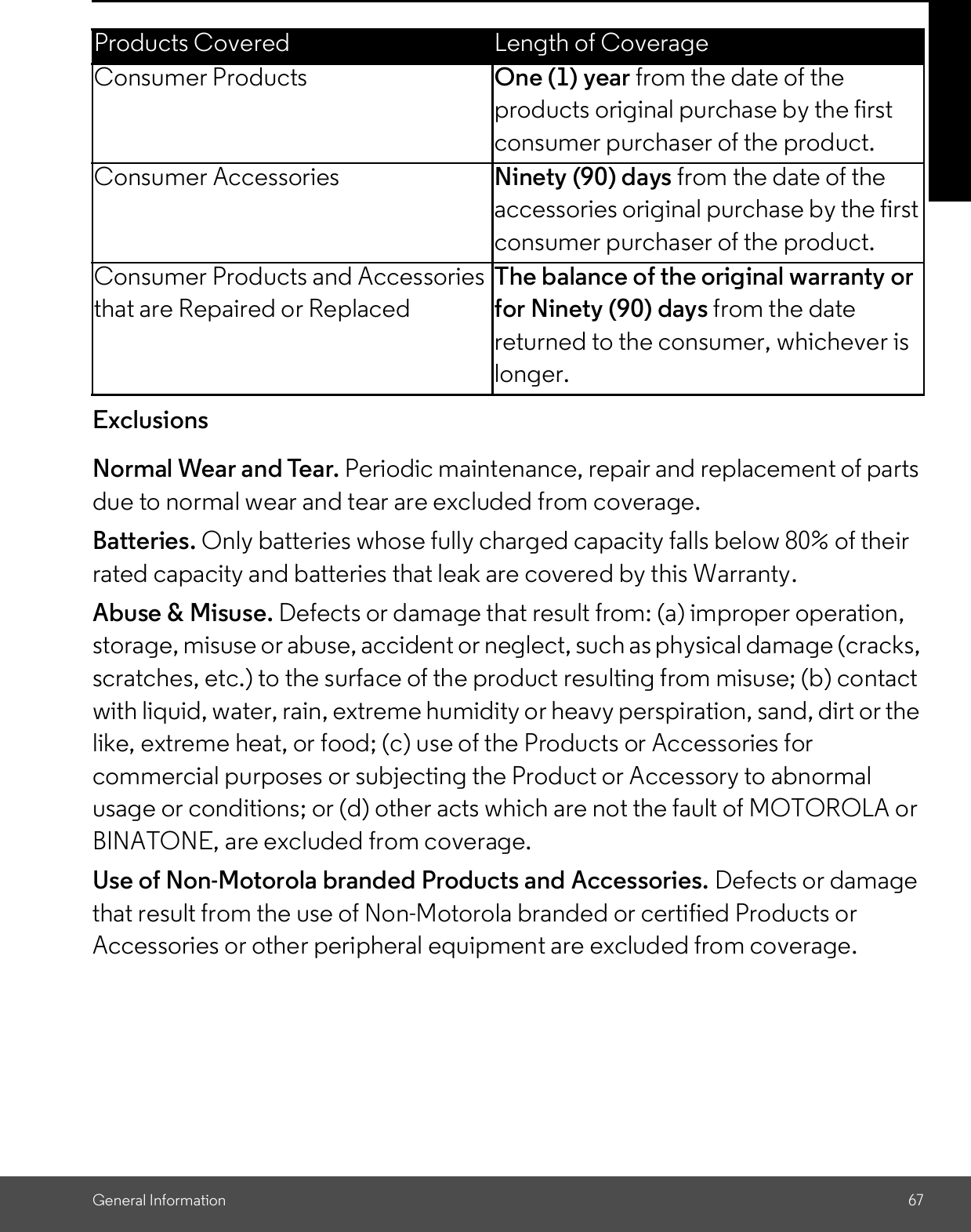 General Information 67ExclusionsNormal Wear and Tear. Periodic maintenance, repair and replacement of partsdue to normal wear and tear are excluded from coverage.Batteries. Only batteries whose fully charged capacity falls below 80% of theirrated capacity and batteries that leak are covered by this Warranty.Abuse &amp; Misuse. Defects or damage that result from: (a) improper operation,storage, misuse or abuse, accident or neglect, such as physical damage (cracks,scratches, etc.) to the surface of the product resulting from misuse; (b) contactwith liquid, water, rain, extreme humidity or heavy perspiration, sand, dirt or thelike, extreme heat, or food; (c) use of the Products or Accessories forcommercial purposes or subjecting the Product or Accessory to abnormalusage or conditions; or (d) other acts which are not the fault of MOTOROLA orBINATONE, are excluded from coverage.Use of Non-Motorola branded Products and Accessories. Defects or damagethat result from the use of Non-Motorola branded or certified Products orAccessories or other peripheral equipment are excluded from coverage.Products Covered Length of CoverageConsumer Products One (1) year from the date of theproducts original purchase by the firstconsumer purchaser of the product.Consumer Accessories Ninety (90) days from the date of theaccessories original purchase by the firstconsumer purchaser of the product.Consumer Products and Accessoriesthat are Repaired or ReplacedThe balance of the original warranty orfor Ninety (90) days from the datereturned to the consumer, whichever islonger.