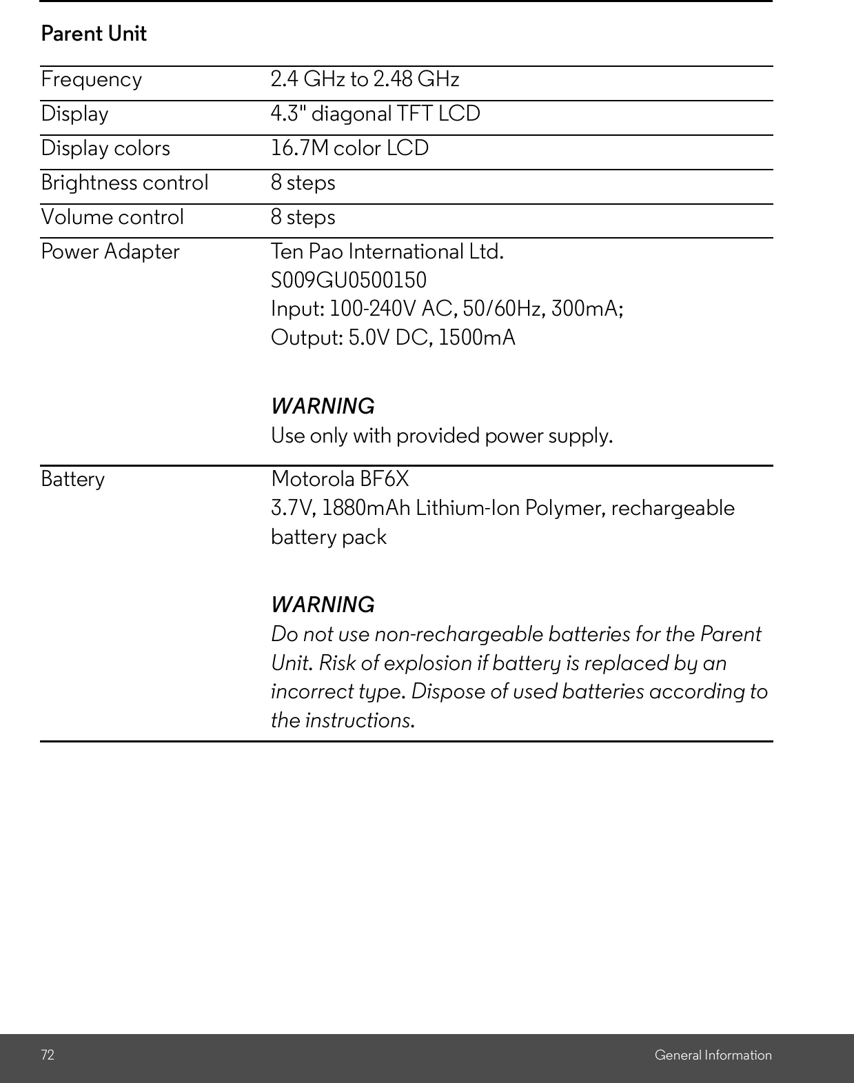 72 General InformationParent UnitFrequency 2.4 GHz to 2.48 GHzDisplay 4.3&quot; diagonal TFT LCDDisplay colors 16.7M color LCDBrightness control 8 stepsVolume control 8 stepsPower Adapter Ten Pao International Ltd.S009GU0500150Input: 100-240V AC, 50/60Hz, 300mA;Output: 5.0V DC, 1500mAWARNINGUse only with provided power supply.Battery Motorola BF6X3.7V, 1880mAh Lithium-Ion Polymer, rechargeablebattery packWARNINGDo not use non-rechargeable batteries for the ParentUnit. Risk of explosion if battery is replaced by anincorrect type. Dispose of used batteries according tothe instructions.