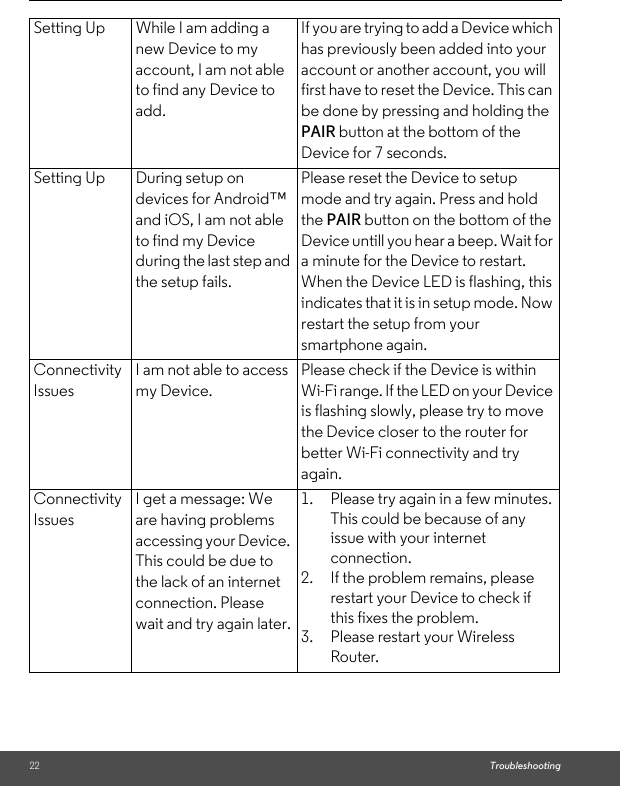 22 TroubleshootingSetting Up While I am adding a new Device to my account, I am not able to find any Device to add.If you are trying to add a Device which has previously been added into your account or another account, you will first have to reset the Device. This can be done by pressing and holding the PAIR button at the bottom of the Device for 7 seconds.Setting Up During setup on devices for Android™ and iOS, I am not able to find my Device during the last step and the setup fails.Please reset the Device to setup mode and try again. Press and hold the PAIR button on the bottom of the Device untill you hear a beep. Wait for a minute for the Device to restart. When the Device LED is flashing, this indicates that it is in setup mode. Now restart the setup from your smartphone again.Connectivity IssuesI am not able to access my Device.Please check if the Device is within Wi-Fi range. If the LED on your Device is flashing slowly, please try to move the Device closer to the router for better Wi-Fi connectivity and try again.Connectivity IssuesI get a message: We are having problems accessing your Device. This could be due to the lack of an internet connection. Please wait and try again later.1. Please try again in a few minutes. This could be because of any issue with your internet connection. 2. If the problem remains, please restart your Device to check if this fixes the problem.3. Please restart your Wireless Router.