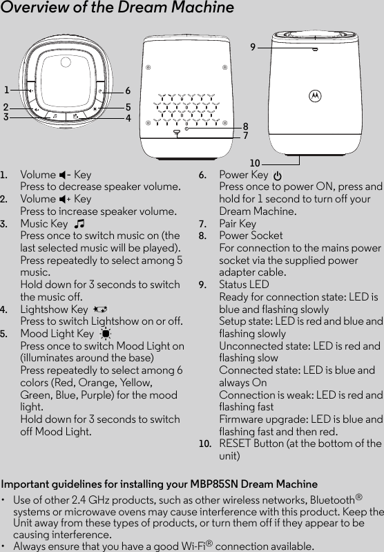 Overview of the Dream Machine1. Volume ( KeyPress to decrease speaker volume. 2. Volume ) KeyPress to increase speaker volume. 3. Music Key Press once to switch music on (the last selected music will be played).Press repeatedly to select among 5 music.Hold down for 3 seconds to switch the music off.4. Lightshow Key Press to switch Lightshow on or off.5. Mood Light Key Press once to switch Mood Light on (illuminates around the base) Press repeatedly to select among 6 colors (Red, Orange, Yellow, Green, Blue, Purple) for the mood light. Hold down for 3 seconds to switch off Mood Light.6. Power Key Press once to power ON, press and hold for 1 second to turn off your Dream Machine.7. Pair Key8. Power SocketFor connection to the mains power socket via the supplied power adapter cable.9. Status LEDReady for connection state: LED is blue and flashing slowly Setup state: LED is red and blue and flashing slowly Unconnected state: LED is red and flashing slow Connected state: LED is blue and always On Connection is weak: LED is red and flashing fast Firmware upgrade: LED is blue and flashing fast and then red.10. RESET Button (at the bottom of the unit)87345691012Important guidelines for installing your MBP85SN Dream Machine•  Use of other 2.4 GHz products, such as other wireless networks, Bluetooth® systems or microwave ovens may cause interference with this product. Keep the Unit away from these types of products, or turn them off if they appear to be causing interference.•  Always ensure that you have a good Wi-Fi® connection available.