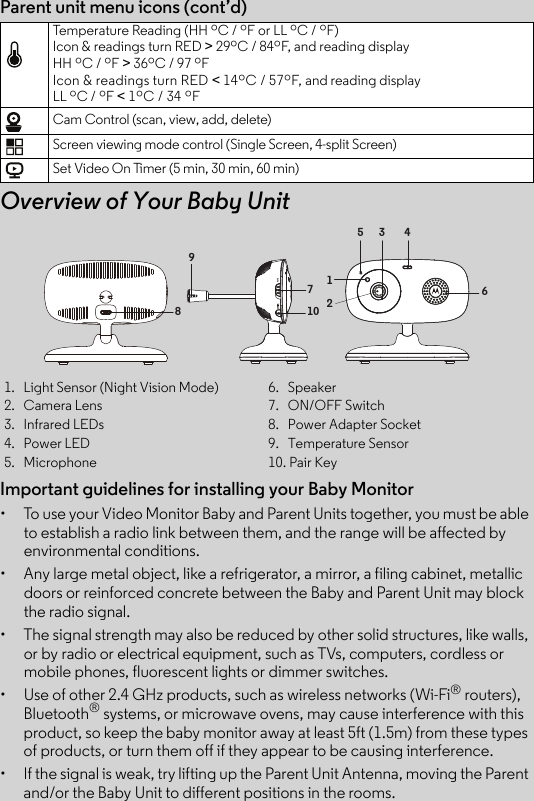 Important guidelines for installing your Baby Monitor•  To use your Video Monitor Baby and Parent Units together, you must be able to establish a radio link between them, and the range will be affected by environmental conditions.•  Any large metal object, like a refrigerator, a mirror, a filing cabinet, metallic doors or reinforced concrete between the Baby and Parent Unit may block the radio signal.•  The signal strength may also be reduced by other solid structures, like walls, or by radio or electrical equipment, such as TVs, computers, cordless or mobile phones, fluorescent lights or dimmer switches.•  Use of other 2.4 GHz products, such as wireless networks (Wi-Fi® routers), Bluetooth® systems, or microwave ovens, may cause interference with this product, so keep the baby monitor away at least 5ft (1.5m) from these types of products, or turn them off if they appear to be causing interference.•  If the signal is weak, try lifting up the Parent Unit Antenna, moving the Parent and/or the Baby Unit to different positions in the rooms.1.   Light Sensor (Night Vision Mode) 6.   Speaker2.   Camera Lens 7.   ON/OFF Switch3.   Infrared LEDs 8.   Power Adapter Socket 4.   Power LED 9.   Temperature Sensor5.   Microphone  10. Pair KeyParent unit menu icons (cont’d)Overview of Your Baby UnitTemperature Reading (HH ºC / ºF or LL ºC / ºF)Icon &amp; readings turn RED &gt; 29ºC / 84ºF, and reading display HH ºC / ºF &gt; 36ºC / 97 ºFIcon &amp; readings turn RED &lt; 14ºC / 57ºF, and reading display LL ºC / ºF &lt; 1ºC / 34 ºFCam Control (scan, view, add, delete)Screen viewing mode control (Single Screen, 4-split Screen)Set Video On Timer (5 min, 30 min, 60 min)7812510963 4