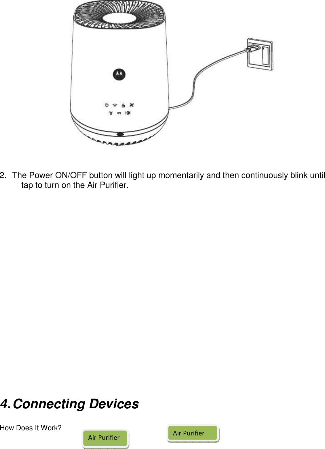        2.  The Power ON/OFF button will light up momentarily and then continuously blink until tap to turn on the Air Purifier.                  4. Connecting Devices  How Does It Work? Air Purifier Air Purifier 