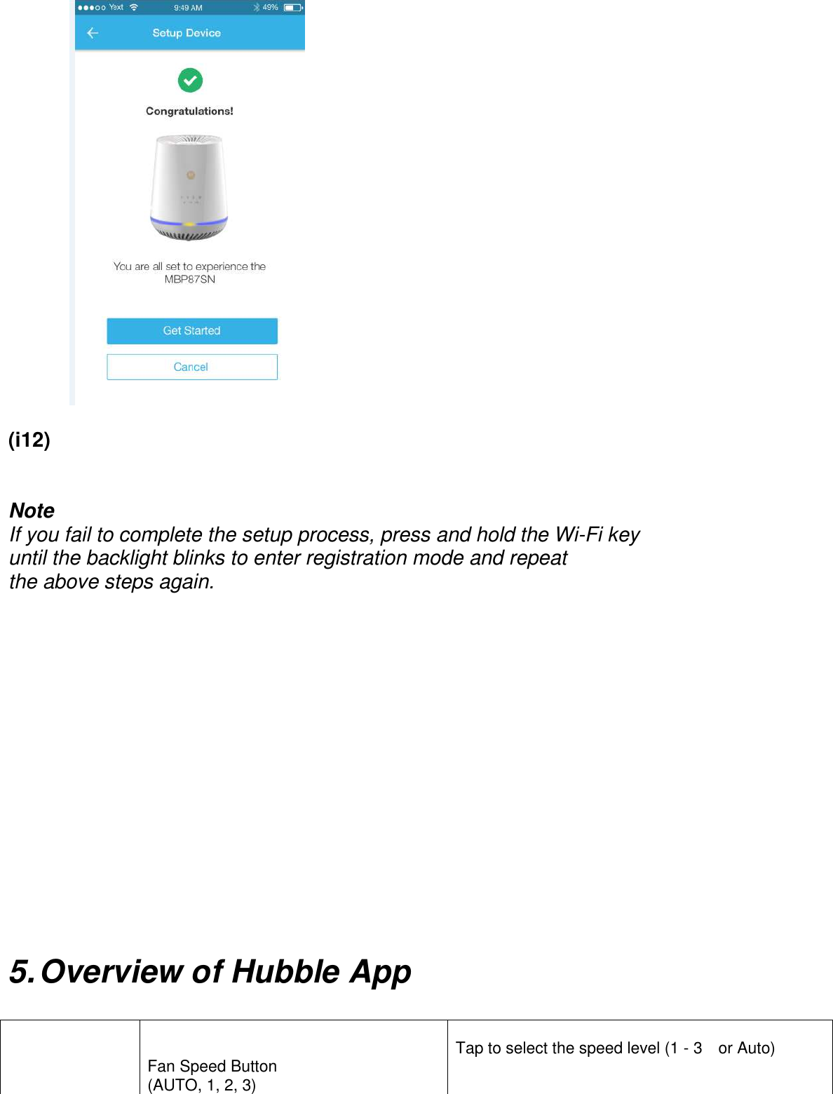                (i12)                       Note If you fail to complete the setup process, press and hold the Wi-Fi key until the backlight blinks to enter registration mode and repeat the above steps again.                5. Overview of Hubble App      Fan Speed Button   (AUTO, 1, 2, 3)  Tap to select the speed level (1 - 3    or Auto) 