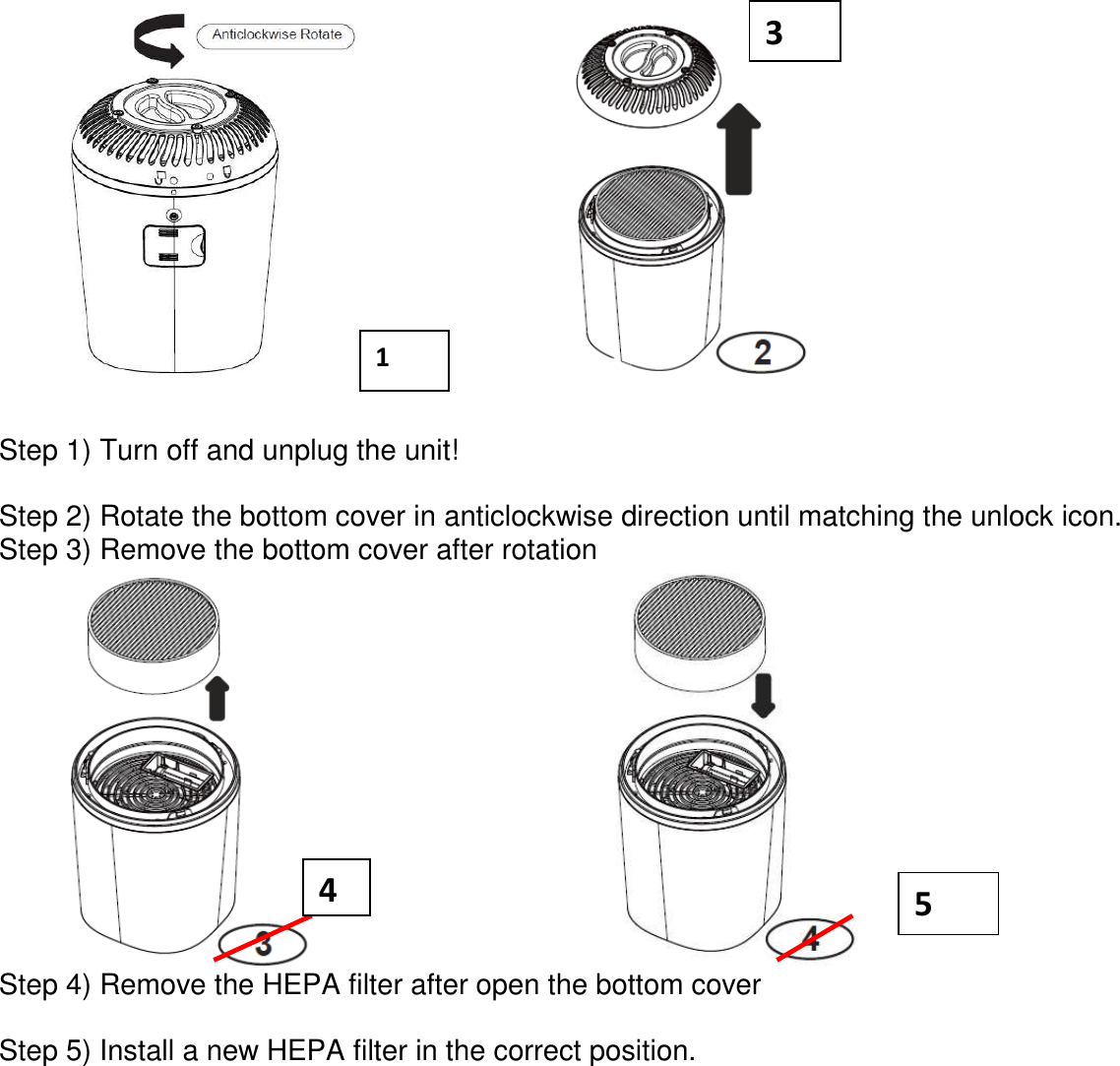                       Step 1) Turn off and unplug the unit!  Step 2) Rotate the bottom cover in anticlockwise direction until matching the unlock icon. Step 3) Remove the bottom cover after rotation                           Step 4) Remove the HEPA filter after open the bottom cover  Step 5) Install a new HEPA filter in the correct position.          1 3 4 5 