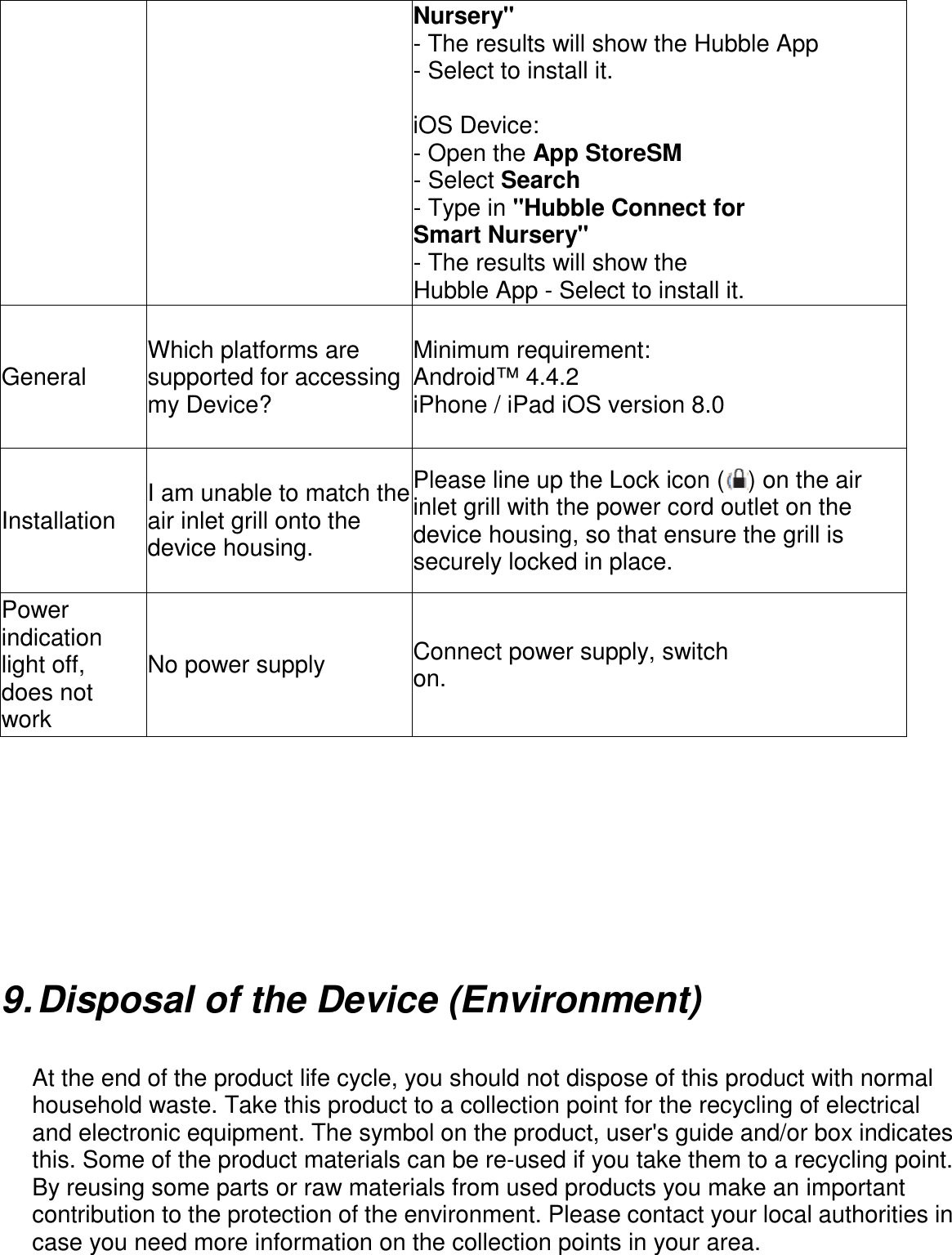      Nursery&quot; - The results will show the Hubble App - Select to install it.  iOS Device: - Open the App StoreSM - Select Search - Type in &quot;Hubble Connect for Smart Nursery&quot; - The results will show the Hubble App - Select to install it. General  Which platforms are supported for accessing my Device? Minimum requirement: Android™ 4.4.2 iPhone / iPad iOS version 8.0 Installation I am unable to match the air inlet grill onto the device housing. Please line up the Lock icon ( ) on the air inlet grill with the power cord outlet on the device housing, so that ensure the grill is securely locked in place.   Power indication light off, does not work No power supply  Connect power supply, switch on.             9. Disposal of the Device (Environment)  At the end of the product life cycle, you should not dispose of this product with normal household waste. Take this product to a collection point for the recycling of electrical and electronic equipment. The symbol on the product, user&apos;s guide and/or box indicates this. Some of the product materials can be re-used if you take them to a recycling point. By reusing some parts or raw materials from used products you make an important contribution to the protection of the environment. Please contact your local authorities in case you need more information on the collection points in your area. 