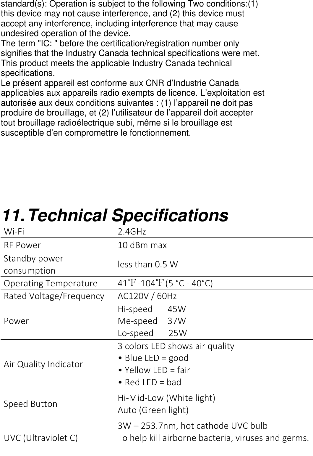      standard(s): Operation is subject to the following Two conditions:(1) this device may not cause interference, and (2) this device must accept any interference, including interference that may cause undesired operation of the device. The term &quot;IC: &quot; before the certification/registration number only signifies that the Industry Canada technical specifications were met. This product meets the applicable Industry Canada technical specifications. Le présent appareil est conforme aux CNR d’Industrie Canada applicables aux appareils radio exempts de licence. L’exploitation est autorisée aux deux conditions suivantes : (1) l’appareil ne doit pas produire de brouillage, et (2) l’utilisateur de l’appareil doit accepter tout brouillage radioélectrique subi, même si le brouillage est susceptible d’en compromettre le fonctionnement.       11. Technical Specifications Wi-Fi      2.4GHz RF Power                          10 dBm max Standby power consumption  less than 0.5 W Operating Temperature  41℉-104℉(5 °C - 40°C) Rated Voltage/Frequency AC120V / 60Hz  Power Hi-speed      45W   Me-speed    37W   Lo-speed      25W Air Quality Indicator   3 colors LED shows air quality • Blue LED = good • Yellow LED = fair • Red LED = bad Speed Button  Hi-Mid-Low (White light)   Auto (Green light) UVC (Ultraviolet C) 3W – 253.7nm, hot cathode UVC bulb To help kill airborne bacteria, viruses and germs.  