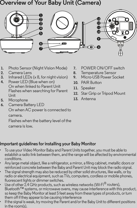 Overview of Your Baby Unit (Camera)1. Photo Sensor (Night Vision Mode)2. Camera Lens3. Infrared LEDs (x 8, for night vision)4. Power LED (Blue when on)On when linked to Parent Unit Flashes when searching for Parent Unit5.Microphone6. Camera Battery LEDOn when AC power is connected to camera. Flashes when the battery level of the camera is low.7. POWER ON/OFF switch8. Temperature Sensor9. Micro-USB Power Socket10. PAIR Button11. Speaker12. Star Grip or Tripod Mount13. AntennaImportant guidelines for installing your Baby Monitor•  To use your Video Monitor Baby and Parent Units together, you must be able to establish a radio link between them, and the range will be affected by environmental conditions. •  Any large metal object, like a refrigerator, a mirror, a filing cabinet, metallic doors or reinforced concrete between the Baby and Parent Unit may block the radio signal. •  The signal strength may also be reduced by other solid structures, like walls, or by radio or electrical equipment, such as TVs, computers, cordless or mobile phones, fluorescent lights or dimmer switches. •  Use of other 2.4 GHz products, such as wireless networks (Wi-Fi® routers),Bluetooth™ systems, or microwave ovens, may cause interference with this product,so keep the Baby Monitor at least 5 feet away from these types of products, or turn them off if they appear to be causing interference•  If the signal is weak, try moving the Parent and/or the Baby Unit to different positions in the room(s).