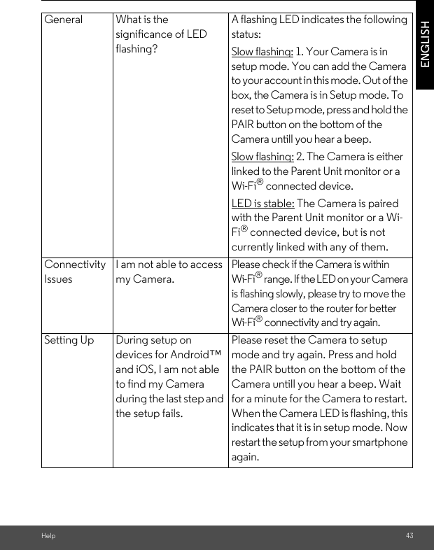 Help 43ENGLISHGeneral What is the significance of LED flashing?A flashing LED indicates the following status:Slow flashing: 1. Your Camera is in setup mode. You can add the Camera to your account in this mode. Out of the box, the Camera is in Setup mode. To reset to Setup mode, press and hold the PAIR button on the bottom of the Camera untill you hear a beep.Slow flashing: 2. The Camera is either linked to the Parent Unit monitor or a Wi-Fi® connected device.LED is stable: The Camera is paired with the Parent Unit monitor or a Wi-Fi® connected device, but is not currently linked with any of them.Connectivity IssuesI am not able to access my Camera.Please check if the Camera is within Wi-Fi® range. If the LED on your Camera is flashing slowly, please try to move the Camera closer to the router for better Wi-Fi® connectivity and try again.Setting Up During setup on devices for Android™ and iOS, I am not able to find my Camera  during the last step and the setup fails.Please reset the Camera to setup mode and try again. Press and hold the PAIR button on the bottom of the Camera untill you hear a beep. Wait for a minute for the Camera to restart. When the Camera LED is flashing, this indicates that it is in setup mode. Now restart the setup from your smartphone again.