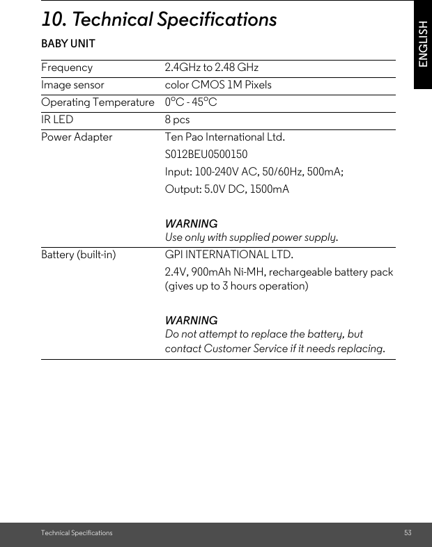 Technical Specifications 53ENGLISH10. Technical SpecificationsBABY UNITFrequency 2.4GHz to 2.48 GHzImage sensor color CMOS 1M PixelsOperating Temperature 0oC - 45oCIR LED 8 pcsPower Adapter Ten Pao International Ltd. S012BEU0500150Input: 100-240V AC, 50/60Hz, 500mA; Output: 5.0V DC, 1500mAWARNINGUse only with supplied power supply.Battery (built-in) GPI INTERNATIONAL LTD. 2.4V, 900mAh Ni-MH, rechargeable battery pack (gives up to 3 hours operation)WARNINGDo not attempt to replace the battery, but contact Customer Service if it needs replacing.