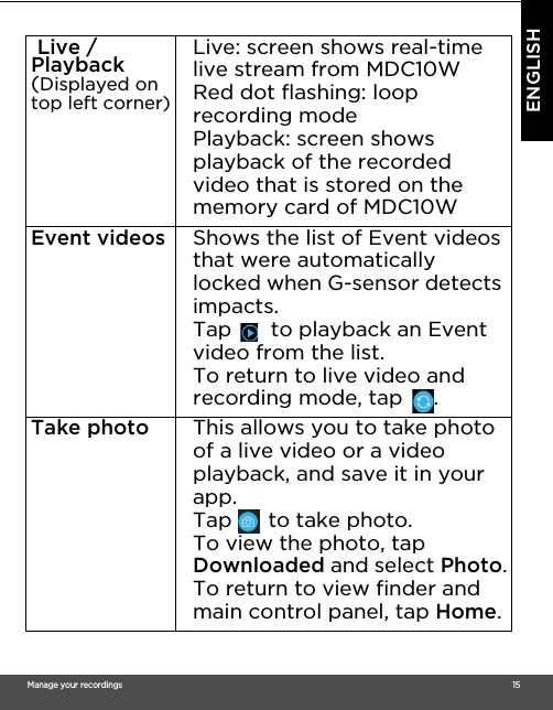 Manage your recordings                                                                                                                                                                                     15ENGLISH  Live / Playback (Displayed on top left corner)Live: screen shows real-time live stream from MDC10W Red dot flashing: loop recording mode Playback: screen shows playback of the recorded video that is stored on the memory card of MDC10WEvent videos Shows the list of Event videos that were automatically locked when G-sensor detects impacts.Tap   to playback an Event video from the list.To return to live video and recording mode, tap  .Take photo This allows you to take photo of a live video or a video playback, and save it in your app. Tap   to take photo. To view the photo, tap Downloaded and select Photo.To return to view finder and main control panel, tap Home.