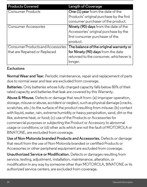 24 General InformationExclusionsNormal Wear and Tear. Periodic maintenance, repair and replacement of parts due to normal wear and tear are excluded from coverage. Batteries. Only batteries whose fully charged capacity falls below 80% of their rated capacity and batteries that leak are covered by this Warranty.Abuse &amp; Misuse. Defects or damage that result from: (a) improper operation, storage, misuse or abuse, accident or neglect, such as physical damage (cracks, scratches, etc.) to the surface of the product resulting from misuse; (b) contact with liquid, water, rain, extreme humidity or heavy perspiration, sand, dirt or the like, extreme heat, or food; (c) use of the Products or Accessories for commercial purposes or subjecting the Product or Accessory to abnormal usage or conditions; or (d) other acts which are not the fault of MOTOROLA or BINATONE, are excluded from coverage. Use of Non-Motorola branded Products and Accessories. Defects or damage that result from the use of Non-Motorola branded or certified Products or Accessories or other peripheral equipment are excluded from coverage. Unauthorized Service or Modification. Defects or damages resulting from service, testing, adjustment, installation, maintenance, alteration, or modification in any way by someone other than MOTOROLA, BINATONE or its authorized service centers, are excluded from coverage. Products Covered Length of CoverageConsumer Products One (1) year from the date of the Products’ original purchase by the first consumer purchaser of the product.Consumer Accessories Ninety (90) days from the date of the Accessories’ original purchase by the first consumer purchaser of the product.Consumer Products and Accessories that are Repaired or ReplacedThe balance of the original warranty or for Ninety (90) days from the date returned to the consumer, whichever is longer.