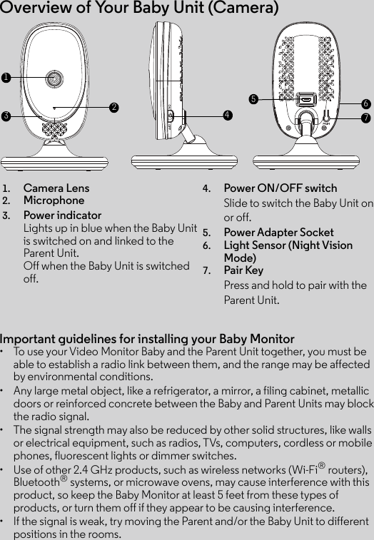 Overview of Your Baby Unit (Camera)Important guidelines for installing your Baby Monitor•  To use your Video Monitor Baby and the Parent Unit together, you must be able to establish a radio link between them, and the range may be affected by environmental conditions.•  Any large metal object, like a refrigerator, a mirror, a filing cabinet, metallic doors or reinforced concrete between the Baby and Parent Units may block the radio signal.•  The signal strength may also be reduced by other solid structures, like walls or electrical equipment, such as radios, TVs, computers, cordless or mobilephones, fluorescent lights or dimmer switches.• Use of other 2.4 GHz products, such as wireless networks (Wi-Fi® routers),Bluetooth® systems, or microwave ovens, may cause interference with this product, so keep the Baby Monitor at least 5 feet from these types of products, or turn them off if they appear to be causing interference.• If the signal is weak, try moving the Parent and/or the Baby Unit to different positions in the rooms.1. Camera Lens2. Microphone3. Power indicatorLights up in blue when the Baby Unitis switched on and linked to the Parent Unit.Off when the Baby Unit is switched off.4. Power ON/OFF switch Slide to switch the Baby Unit on or off.5. Power Adapter Socket6. Light Sensor (Night Vision Mode)7. Pair KeyPress and hold to pair with the Parent Unit.51123467