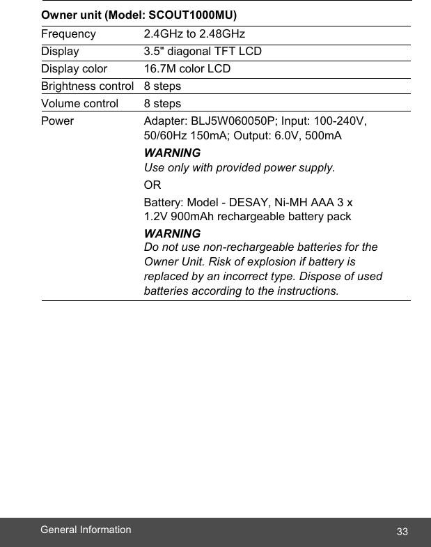  33General Information    Owner unit (Model: SCOUT1000MU) Frequency   2.4GHz to 2.48GHz Display   3.5&quot; diagonal TFT LCD Display color  16.7M color LCD Brightness control  8 steps Volume control   8 steps Power   Adapter: BLJ5W060050P; Input: 100-240V, 50/60Hz 150mA; Output: 6.0V, 500mA WARNING Use only with provided power supply. OR Battery: Model - DESAY, Ni-MH AAA 3 x 1.2V 900mAh rechargeable battery pack WARNING Do not use non-rechargeable batteries for the Owner Unit. Risk of explosion if battery is replaced by an incorrect type. Dispose of used batteries according to the instructions.  