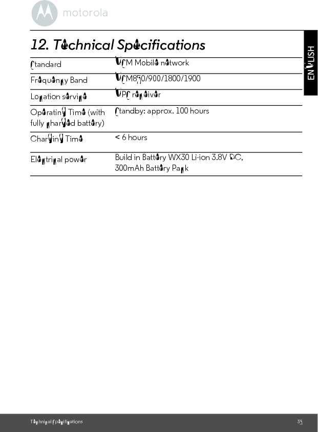 Technical Specifications 35ENGLISH12. Technical SpecificationsStandard GSM Mobile network          Frequency Band GSM850/900/1800/1900Location service  GPS receiver Operating Time (with fully charged battery)Standby: approx. 100 hours Charging Time &lt; 6 hoursElectrical power Build in Battery WX30 Li-ion 3.8V DC, 300mAh Battery Pack