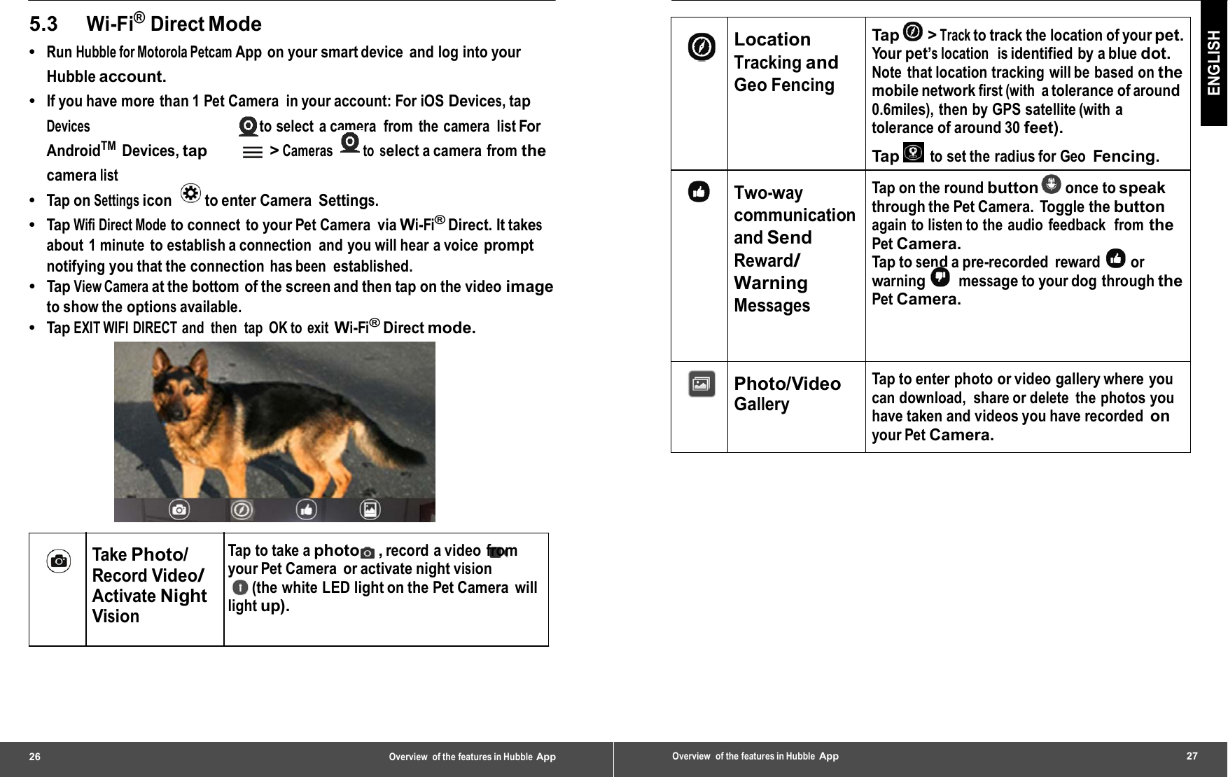 26 Overview of the features in Hubble App5.3 Wi-Fi® Direct Mode •  Run Hubble for Motorola Petcam App on your smart device and log into your Hubble account. •  If you have more than 1 Pet Camera  in your account: For iOS Devices, tap Devices  to select a camera  from the camera  list For AndroidTM Devices, tap  &gt; Cameras  to select a camera  from the camera list •  Tap on Settings icon  to enter Camera Settings. •  Tap  Wifi Direct Mode to connect  to your Pet Camera  via Wi-Fi® Direct. It takes about  1 minute  to establish a connection  and you will hear a voice prompt notifying you that the connection has been established. •  Tap View Camera at the bottom  of the screen and then tap on the video image to show the options available. •  Tap  EXIT WIFI  DIRECT and then tap OK to exit Wi-Fi® Direct mode.  Take Photo/ Record Video/ Activate Night Vision Tap to take a photo , record a video from your Pet Camera  or activate night vision (the white LED light on the Pet Camera  will light up). ENGLISH  Location Tracking and Geo Fencing Tap   &gt; Track to track the location of your pet. Yo u r  pet’s location   is identified by a blue dot. Note that location tracking will be based on the mobile network first (with a tolerance of around 0.6miles), then by GPS satellite (with a tolerance of around 30 feet). Tap   to set the radius for Geo Fencing.  Two-way communication and Send Reward/ Warning Messages Tap on the round button   once to speak through the Pet Camera.  Toggle the button again to listen to the audio feedback  from the Pet Camera. Tap  to send a pre-recorded  reward  or warning   message to your dog through the Pet Camera.  Photo/Video Gallery Tap to enter photo or video gallery where you can download,  share or delete  the photos you have taken and videos you have recorded on your Pet Camera. Overview  of the features in Hubble App  27 