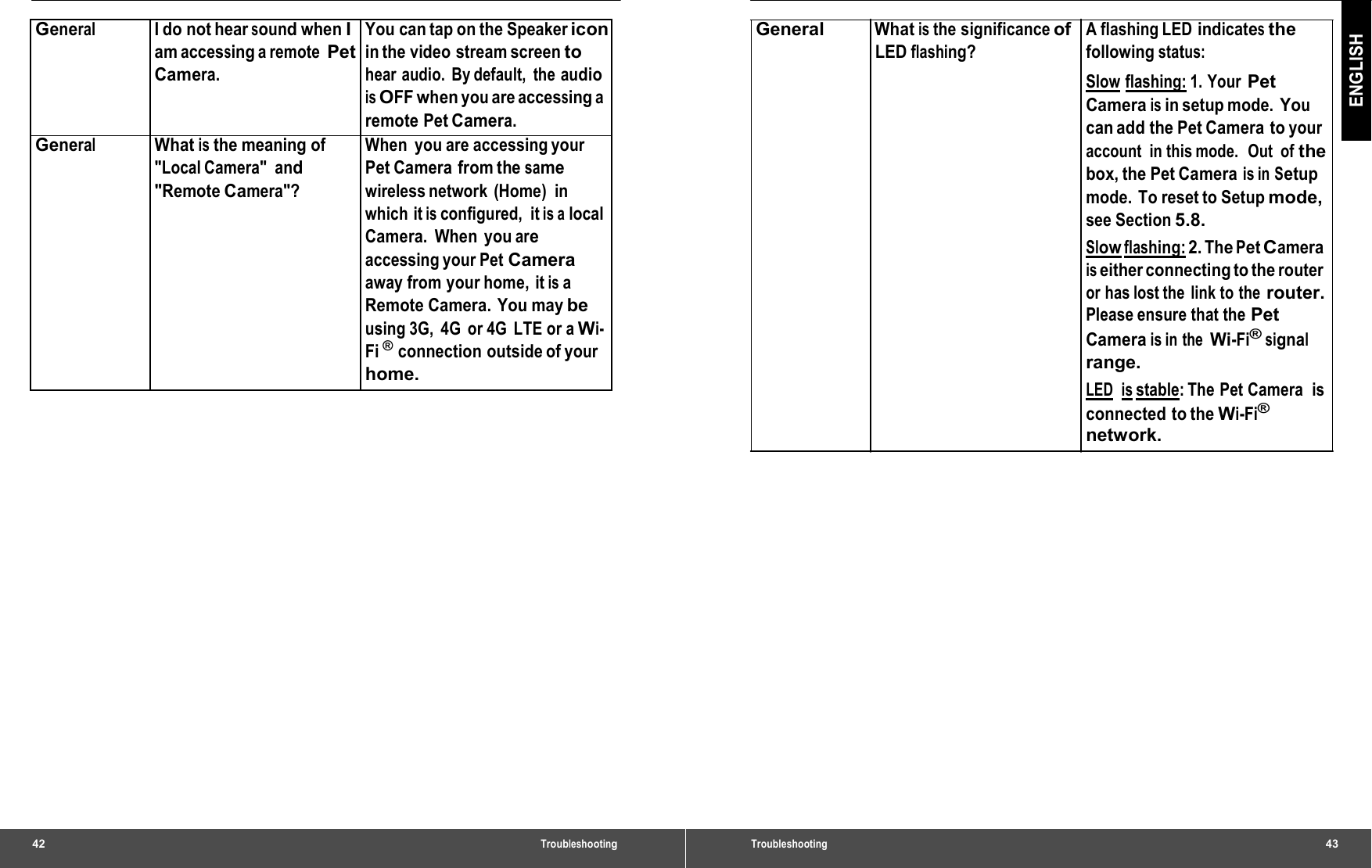 General I do not hearsound when I am accessing a remote Pet Camera. You can tap on the Speakericonin the video  stream screen to hear audio. By default,  the audio is OFF when you are accessing a remote Pet Camera. General What isthe meaning of &quot;Local Camera&quot; and &quot;Remote Camera&quot;? When you are accessingyourPet Camera  from the same wireless network  (Home)  in which it is configured, it is a local Camera. When you are accessing your Pet Camera away from your home,  it is a Remote Camera.  You may be using 3G,  4G  or 4G  LTE or a Wi-Fi ® connection outside of yourhome. 42 Troubleshooting ENGLISH General What is the significance of LED flashing? A flashing LED indicates the following status: Slow flashing: 1. Your Pet Camera is in setup mode. You can add the Pet Camera  to your account  in this mode.  Out  of the box, the Pet Camera is in Setup mode. To reset to Setup mode, see Section 5.8. Slow flashing: 2. The Pet Camera is either connecting to the router or has lost the link to the router. Please ensure that the Pet Camera is in  the Wi-Fi® signal range. LED  is stable: The  Pet Camera  is connected to the Wi-Fi® network. Troubleshooting  43 