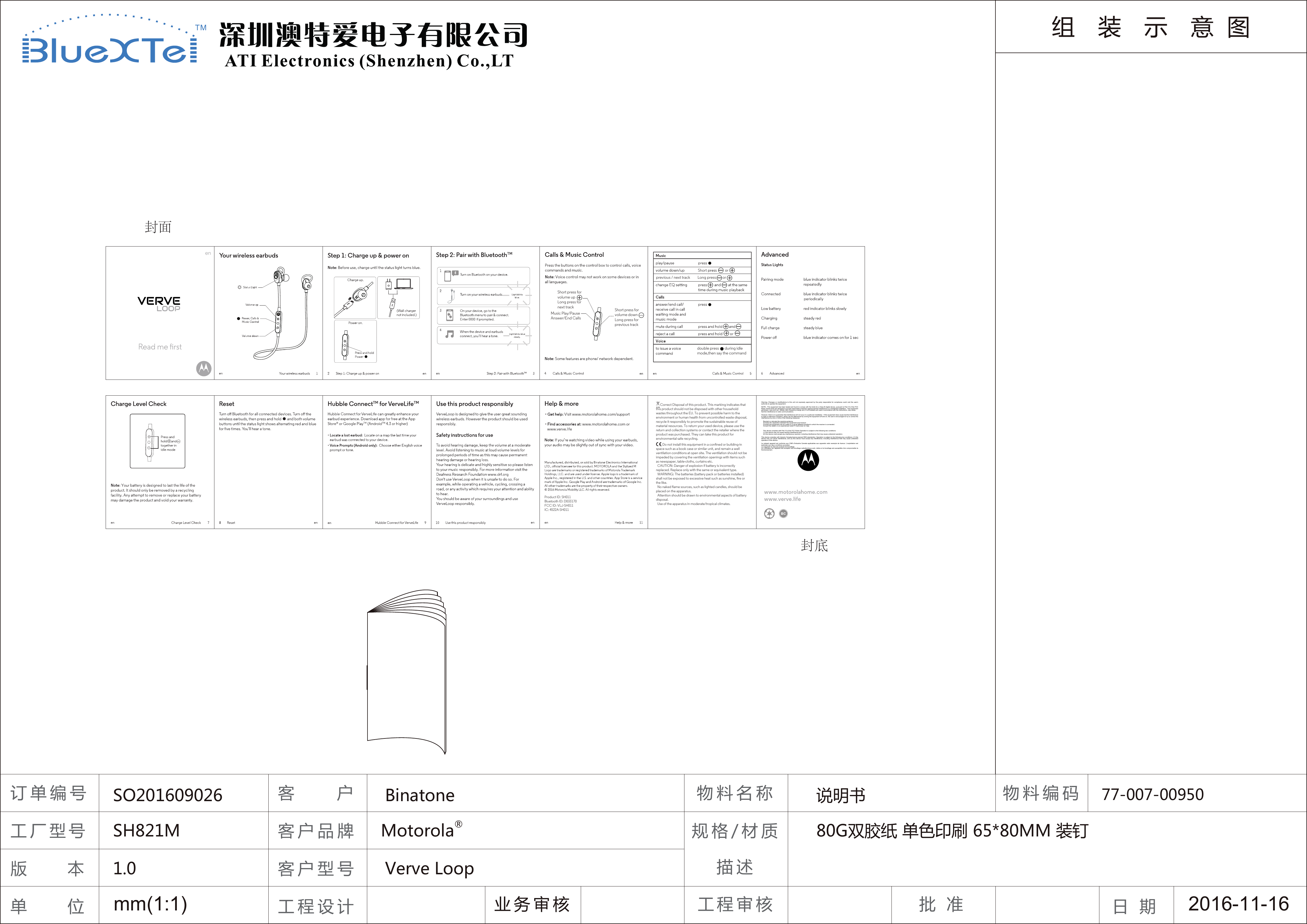 Product ID: SH011Bluetooth ID: D033170FCC ID: VLJ-SH011IC: 4522A-SH011Short   Short press for volume upLong press for next trackMusic Play/PauseAnswer/End CallsShort press for volume downLong press for previous trackprevious / next track         Long press        or  double press       during idle mode,then say the command组  装  示  意 图订单编号工厂型号版     本mm(1:1) 2016-11-16单     位客     户客户品牌客户型号日 期工程设计 业务审核SO201609026 说明书80G双胶纸 单色印刷 65*80MM 装钉77-007-00950BinatoneVerve LoopSH821M Motorola®1.0工程审核 批 准物料名称规格/材质描述物料编码封面封底      Correct Disposal of this product. This marking indicates that this product should not be disposed with other household wastes throughout the EU. To prevent possible harm to the environment or human health from uncontrolled waste disposal, recycle it responsibly to promote the sustainable reuse of material resources. To return your used device, please use the return and collection systems or contact the retailer where the product was purchased. They can take this product for environmental safe recycling.         Do not install this equipment in a conned or building-in space such as a book case or similar unit, and remain a well            ventilation conditions at open site. The ventilation should not be impeded by covering the ventilation openings with items such as newspaper, table-cloths, curtains etc.  CAUTION: Danger of explosion if battery is incorrectly replaced. Replace only with the same or equivalent type.  WARNING: The batteries (battery pack or batteries installed) shall not be exposed to excessive heat such as sunshine, re or the like.  No naked flame sources, such as lighted candles, should be placed on the apparatus.  Attention should be drawn to environmental aspects of battery disposal.  Use of the apparatus in moderate/tropical climates.Warning:  Changes  or  modifications  to  this  unit  not  expressly  approved  by  the  party  responsible  for  compliance  could  void  the  user’sauthority to operate the equipment.NOTE:  This  equipment has been tested and found to  comply with the limits for a Class B digital device,  pursuant to Part 15 of the FCCRules.These limits are designed to provide reasonable protection against harmful interference in a residential installation.  This equipmentgenerates, uses and can  radiate radio frequency energy and, if not installed and used in accordance with the instructions, may cause harmful interference to radio communications.However, there is no guarantee that interference will not occur in a particular installation.  If this equipment does cause harmful interferenceto radio or television reception, which can be determined by turning the equipment off and on, the user is encouraged to try to correct theinterference by one or more of the following measures:    Reorient or relocate the receiving antenna.    Increase the separation between the equipment and receiver.    Connect the equipment into an outlet on a circuit different fromthat to which the receiver is connected.    Consult the dealer or an experienced radio/TV technician for help.    This device complies with Part 15 of the FCC Rules.Operation is subject to the following two conditions:      (1) this device may not cause harmful interference,and     (2) this device must accept any interference received, including interference that may cause undesired operation.This device complies with Industry Canada licence-exempt RSS standard(s). Operation is subject to the following two conditions: (1) thisdevice may not  cause  interference, and  (2) this device must  accept  any interference, including  interference  that may cause  undesiredoperation of the device.Le  présent  appareil est conforme aux CNR  d’Industrie Canada  applicables aux  appareils  radio  exempts  de  licence.  L’exploitation  estautorisée aux deux conditions suivantes: (1) l’appareil ne doit pas produire de brouillage; (2) l’utilisateur de  l’appareil doit accepter tout brouillage radioélectrique subi,  même si le brouillage est susceptible d’en  compromettre lefonctionnement.o