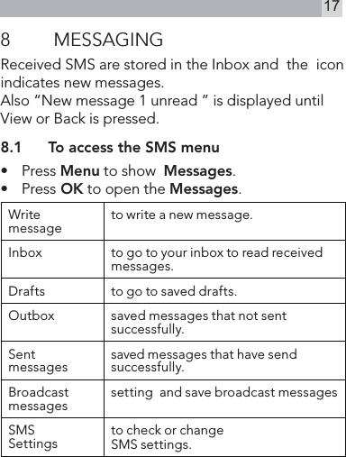 178  MESSAGINGReceived SMS are stored in the Inbox and  the  icon indicates new messages.Also “New message 1 unread ” is displayed until View or Back is pressed.8.1  To access the SMS menu•  Press Menu to show  Messages. •  Press OK to open the Messages.Write message to write a new message.Inbox to go to your inbox to read received messages.Drafts to go to saved drafts.Outbox saved messages that not sent successfully.Sent messages saved messages that have send successfully.Broadcast messages setting  and save broadcast messagesSMS Settings to check or changeSMS settings.