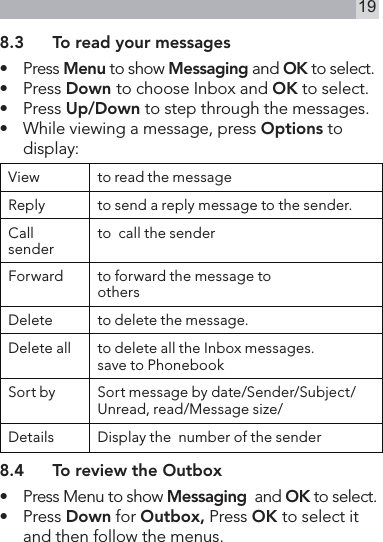 198.3  To read your messages•    Press Menu to show Messaging and OK to select.•   Press Down to choose Inbox and OK to select.•   Press Up/Down to step through the messages.•   While viewing a message, press Options to display:View to read the message Reply to send a reply message to the sender.Call senderto  call the senderForward to forward the message to othersDelete to delete the message.Delete all to delete all the Inbox messages.save to PhonebookSort by Sort message by date/Sender/Subject/ Unread, read/Message size/Details Display the  number of the sender8.4  To review the Outbox•  Press Menu to show Messaging  and OK to select.•   Press Down for Outbox, Press OK to select it and then follow the menus.