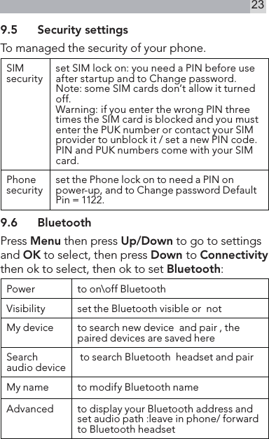 239.5  Security settingsTo managed the security of your phone.SIM security set SIM lock on: you need a PIN before use after startup and to Change password. Note: some SIM cards don’t allow it turned off.Warning: if you enter the wrong PIN three times the SIM card is blocked and you must enter the PUK number or contact your SIM provider to unblock it / set a new PIN code. PIN and PUK numbers come with your SIM card.Phone security set the Phone lock on to need a PIN on power-up, and to Change password Default Pin = 1122.9.6  BluetoothPress Menu then press Up/Down to go to settings and OK to select, then press Down to Connectivity then ok to select, then ok to set Bluetooth:Power to on\off BluetoothVisibility set the Bluetooth visible or  notMy device to search new device  and pair , the paired devices are saved hereSearch audio device  to search Bluetooth  headset and pairMy name  to modify Bluetooth name Advanced to display your Bluetooth address and set audio path :leave in phone/ forward to Bluetooth headset 