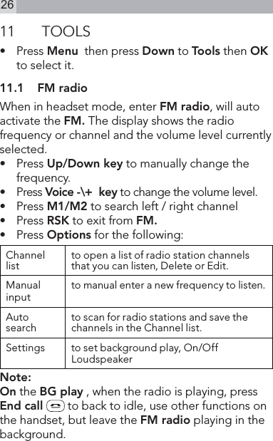 2611  TOOLS•   Press Menu  then press Down to Tools then OK to select it.11.1  FM radioWhen in headset mode, enter FM radio, will auto activate the FM. The display shows the radio frequency or channel and the volume level currently selected.•   Press Up/Down key to manually change the frequency.•   Press Voice -\+  key to change the volume level.•   Press M1/M2 to search left / right channel•   Press RSK to exit from FM.•   Press Options for the following:Channel list to open a list of radio station channels that you can listen, Delete or Edit.Manual inputto manual enter a new frequency to listen.Auto search to scan for radio stations and save the channels in the Channel list.Settings to set background play, On/Off Loudspeaker Note:On the BG play , when the radio is playing, press End call   to back to idle, use other functions on the handset, but leave the FM radio playing in the background. 