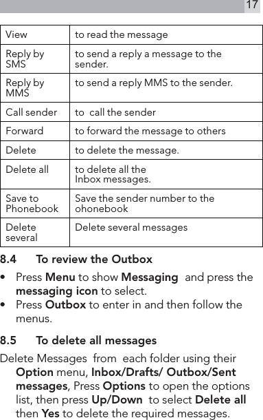 17View to read the messageReply by SMS to send a reply a message to the sender.Reply by MMS to send a reply MMS to the sender.Call sender to  call the senderForward to forward the message to othersDelete to delete the message.Delete all to delete all theInbox messages.Save to Phonebook Save the sender number to the ohonebookDelete several Delete several messages8.4  To review the Outbox•   Press Menu to show Messaging  and press the messaging icon to select.•   Press Outbox to enter in and then follow the menus.8.5  To delete all messagesDelete Messages  from  each folder using their Option menu, Inbox/Drafts/ Outbox/Sent messages, Press Options to open the options list, then press Up/Down  to select Delete all then Yes to delete the required messages.