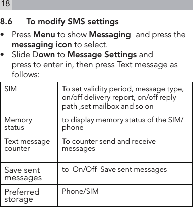 188.6  To modify SMS settings•   Press Menu to show Messaging  and press the messaging icon to select.•   Slide Down to Message Settings and  press to enter in, then press Text message as follows:SIM To set validity period, message type, on/off delivery report, on/off reply path ,set mailbox and so onMemorystatus to display memory status of the SIM/phoneText message counter To counter send and receive messagesSave sent messages to  On/Off  Save sent messagesPreferred storage Phone/SIM