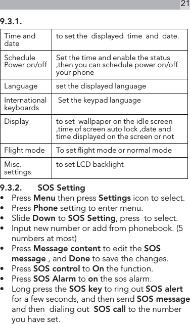 219.3.1.    Time and date to set the  displayed  time  and  date.Schedule Power on/off Set the time and enable the status ,then you can schedule power on/off your phoneLanguage set the displayed language International keyboards  Set the keypad languageDisplay to set  wallpaper on the idle screen ,time of screen auto lock ,date and time displayed on the screen or not Flight mode To set ight mode or normal modeMisc.settings to set LCD backlight  9.3.2.  SOS Setting•   Press Menu then press Settings icon to select.•   Press Phone setting to enter menu.•   Slide Down to SOS Setting, press  to select.•  Input new number or add from phonebook. (5 numbers at most) •   Press Message content to edit the SOS message , and Done to save the changes.•   Press SOS control to On the function.•   Press SOS Alarm to on the sos alarm.•   Long press the SOS key to ring out SOS alert   for a few seconds, and then send SOS message and then  dialing out  SOS call to the number you have set.