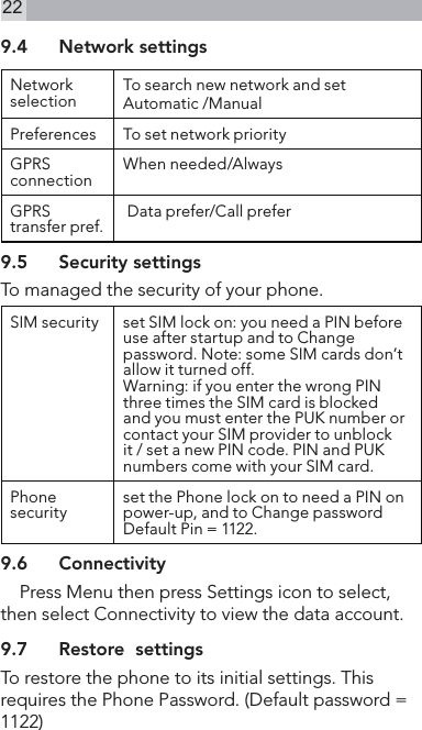 229.4  Network settingsNetwork selection To search new network and set Automatic /ManualPreferences To set network priorityGPRS connection When needed/AlwaysGPRS transfer pref.  Data prefer/Call prefer9.5  Security settingsTo managed the security of your phone.SIM security set SIM lock on: you need a PIN before use after startup and to Change password. Note: some SIM cards don’t allow it turned off.Warning: if you enter the wrong PIN three times the SIM card is blocked and you must enter the PUK number or contact your SIM provider to unblockit / set a new PIN code. PIN and PUK numbers come with your SIM card.Phone security set the Phone lock on to need a PIN on power-up, and to Change password Default Pin = 1122.9.6  Connectivity    Press Menu then press Settings icon to select, then select Connectivity to view the data account.9.7  Restore  settingsTo restore the phone to its initial settings. This requires the Phone Password. (Default password = 1122)