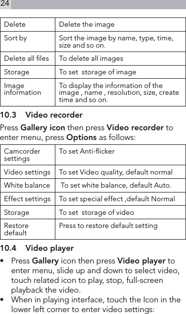 24Delete Delete the imageSort by  Sort the image by name, type, time, size and so on.Delete all les To delete all imagesStorage To set  storage of imageImage information To display the information of the image , name , resolution, size, create time and so on.10.3  Video recorderPress Gallery icon then press Video recorder to enter menu, press Options as follows:Camcorder settings To set Anti-ickerVideo settings To set Video quality, default normalWhite balance  To set white balance, default Auto.Effect settings To set special effect ,default NormalStorage To set  storage of videoRestore default Press to restore default setting10.4  Video player•   Press Gallery icon then press Video player to enter menu, slide up and down to select video, touch related icon to play, stop, full-screen playback the video.•   When in playing interface, touch the Icon in the lower left corner to enter video settings: