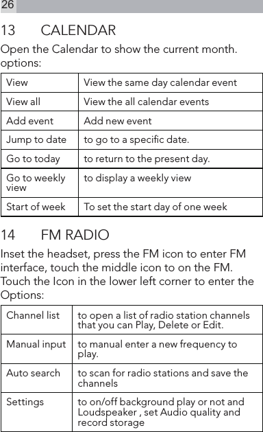 2613  CALENDAROpen the Calendar to show the current month.options:View View the same day calendar eventView all View the all calendar eventsAdd event Add new eventJump to date to go to a specic date.Go to today to return to the present day.Go to weekly view to display a weekly viewStart of week To set the start day of one week14  FM RADIO Inset the headset, press the FM icon to enter FM interface, touch the middle icon to on the FM. Touch the Icon in the lower left corner to enter the Options:Channel list to open a list of radio station channels that you can Play, Delete or Edit.Manual input to manual enter a new frequency to play.Auto search to scan for radio stations and save the channels Settings to on/off background play or not and Loudspeaker , set Audio quality and record storage