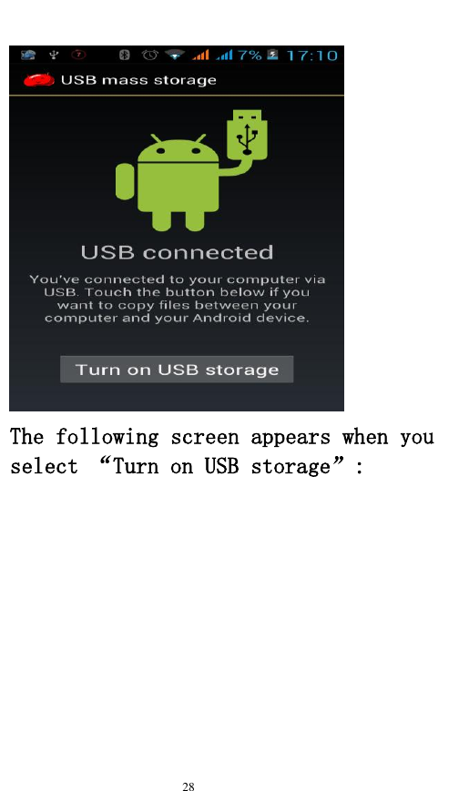   28   The following screen appears when you select “Turn on USB storage”: 