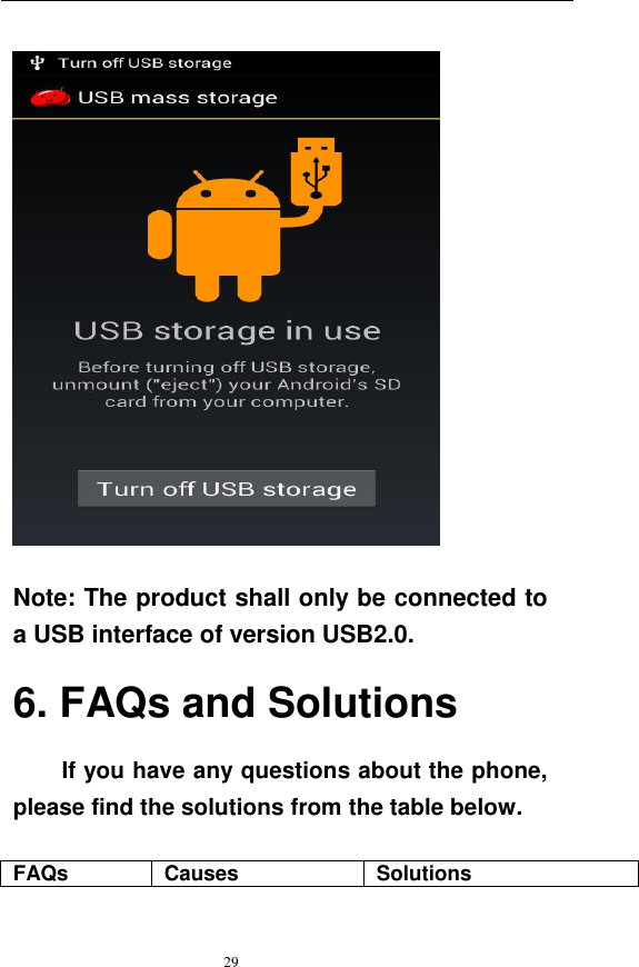    29    Note: The product shall only be connected to a USB interface of version USB2.0. 6. FAQs and Solutions If you have any questions about the phone, please find the solutions from the table below.    FAQs  Causes  Solutions 