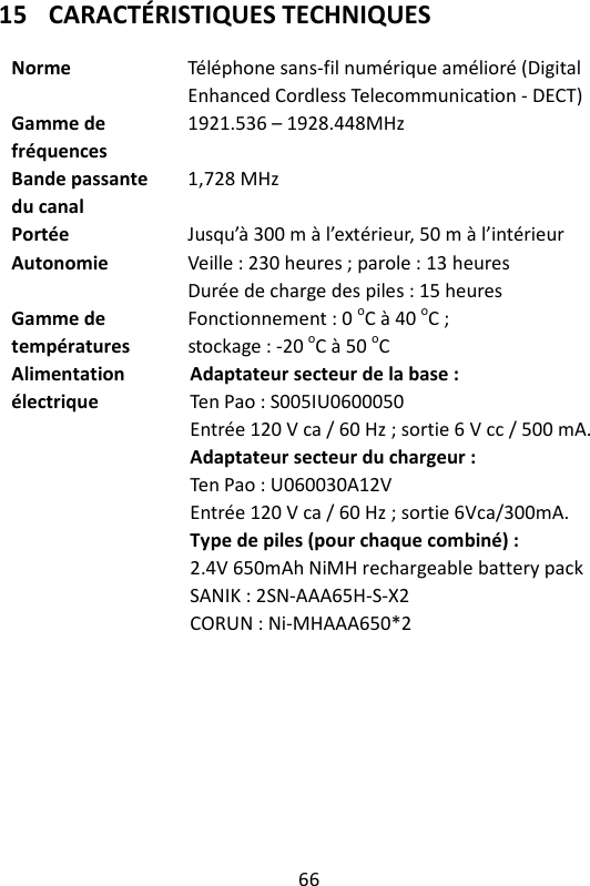 66   15 CARACTÉRISTIQUES TECHNIQUES  Norme  Téléphone sans-fil numérique amélioré (Digital Enhanced Cordless Telecommunication - DECT) Gamme de fréquences 1921.536 – 1928.448MHz Bande passante du canal 1,728 MHz Portée  Jusqu’à 300 m à l’extérieur, 50 m à l’intérieur Autonomie  Veille : 230 heures ; parole : 13 heures Durée de charge des piles : 15 heures Gamme de températures Fonctionnement : 0 oC à 40 oC ;   stockage : -20 oC à 50 oC Alimentation électrique  Adaptateur secteur de la base : Ten Pao : S005IU0600050 Entrée 120 V ca / 60 Hz ; sortie 6 V cc / 500 mA.   Adaptateur secteur du chargeur : Ten Pao : U060030A12V   Entrée 120 V ca / 60 Hz ; sortie 6Vca/300mA. Type de piles (pour chaque combiné) : 2.4V 650mAh NiMH rechargeable battery pack SANIK : 2SN-AAA65H-S-X2 CORUN : Ni-MHAAA650*2  