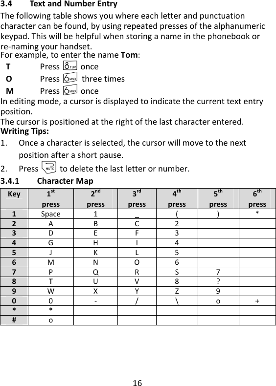 16   3.4 Text and Number Entry The following table shows you where each letter and punctuation character can be found, by using repeated presses of the alphanumeric keypad. This will be helpful when storing a name in the phonebook or re-naming your handset. For example, to enter the name Tom: T  Press 8 once O  Press 6 three times M  Press 6 once In editing mode, a cursor is displayed to indicate the current text entry position. The cursor is positioned at the right of the last character entered. Writing Tips: 1. Once a character is selected, the cursor will move to the next position after a short pause. 2. Press m to delete the last letter or number. 3.4.1 Character Map Key  1st   press 2nd   press 3rd   press 4th   press 5th   press 6th press 1 Space 1 _ ( ) * 2 A B C 2   3 D E F 3   4 G H I 4   5 J K L 5   6 M N O 6   7 P Q R S 7  8 T U V 8 ?  9 W X Y Z 9  0 0 - / \ o + * *      # o       