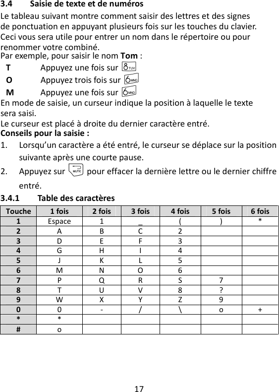 17   3.4 Saisie de texte et de numéros Le tableau suivant montre comment saisir des lettres et des signes de ponctuation en appuyant plusieurs fois sur les touches du clavier. Ceci vous sera utile pour entrer un nom dans le répertoire ou pour renommer votre combiné. Par exemple, pour saisir le nom Tom : T  Appuyez une fois sur 8 O  Appuyez trois fois sur 6 M  Appuyez une fois sur 6 En mode de saisie, un curseur indique la position à laquelle le texte sera saisi. Le curseur est placé à droite du dernier caractère entré. Conseils pour la saisie : 1. Lorsqu’un caractère a été entré, le curseur se déplace sur la position suivante après une courte pause. 2. Appuyez sur m pour effacer la dernière lettre ou le dernier chiffre entré. 3.4.1 Table des caractères Touche 1 fois 2 fois 3 fois 4 fois 5 fois 6 fois 1 Espace 1 _ ( ) * 2 A B C 2   3 D E F 3   4 G H I 4   5 J K L 5   6 M N O 6   7 P Q R S 7  8 T U V 8 ?  9 W X Y Z 9  0 0 - / \ o + * *      # o       