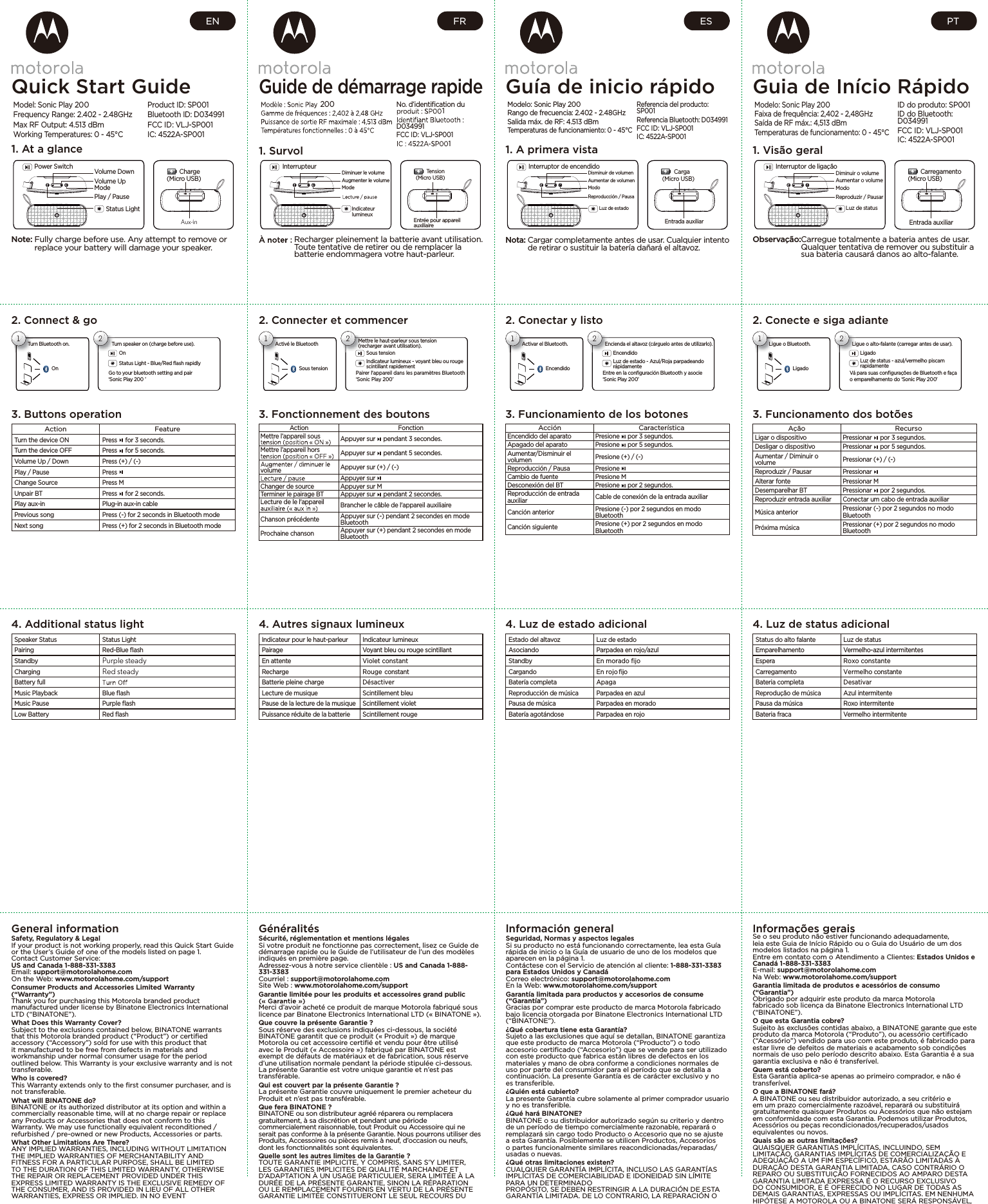 General informationSafety, Regulatory &amp; LegalIf your product is not working properly, read this Quick Start Guide or the User’s Guide of one of the models listed on page 1.Contact Customer Service: US and Canada 1-888-331-3383 Email: support@motorolahome.com On the Web: www.motorolahome.com/support Consumer Products and Accessories Limited Warranty (“Warranty”) Thank you for purchasing this Motorola branded product manufactured under license by Binatone Electronics International LTD (“BINATONE”). What Does this Warranty Cover? Subject to the exclusions contained below, BINATONE warrants that this Motorola branded product (“Product”) or certiﬁed accessory (“Accessory”) sold for use with this product that it manufactured to be free from defects in materials and workmanship under normal consumer usage for the period outlined below. This Warranty is your exclusive warranty and is not transferable. Who is covered? This Warranty extends only to the ﬁrst consumer purchaser, and is not transferable. What will BINATONE do? BINATONE or its authorized distributor at its option and within a commercially reasonable time, will at no charge repair or replace any Products or Accessories that does not conform to this Warranty. We may use functionally equivalent reconditioned / refurbished / pre-owned or new Products, Accessories or parts.What Other Limitations Are There?ANY IMPLIED WARRANTIES, INCLUDING WITHOUT LIMITATION THE IMPLIED WARRANTIES OF MERCHANTABILITY AND FITNESS FOR A PARTICULAR PURPOSE, SHALL BE LIMITED TO THE DURATION OF THIS LIMITED WARRANTY, OTHERWISE THE REPAIR OR REPLACEMENT PROVIDED UNDER THIS EXPRESS LIMITED WARRANTY IS THE EXCLUSIVE REMEDY OF THE CONSUMER, AND IS PROVIDED IN LIEU OF ALL OTHER WARRANTIES, EXPRESS OR IMPLIED. IN NO EVENT GénéralitésSécurité, réglementation et mentions légalesSi votre produit ne fonctionne pas correctement, lisez ce Guide de démarrage rapide ou le Guide de l’utilisateur de l’un des modèles indiqués en première page.Adressez-vous à notre service clientèle : US and Canada 1-888-331-3383Courriel : support@motorolahome.comSite Web : www.motorolahome.com/supportGarantie limitée pour les produits et accessoires grand public Merci d’avoir acheté ce produit de marque Motorola fabriqué sous licence par Binatone Electronics International LTD (« BINATONE »).Que couvre la présente Garantie ?Sous réserve des exclusions indiquées ci-dessous, la société BINATONE garantit que ce produit (« Produit ») de marque Motorola ou cet accessoire certiﬁé et vendu pour être utilisé avec le Produit (« Accessoire ») fabriqué par BINATONE est exempt de défauts de matériaux et de fabrication, sous réserve d’une utilisation normale pendant la période stipulée ci-dessous. La présente Garantie est votre unique garantie et n’est pas transférable.Qui est couvert par la présente Garantie ?La présente Garantie couvre uniquement le premier acheteur du Produit et n’est pas transférable.Que fera BINATONE ?BINATONE ou son distributeur agréé réparera ou remplacera gratuitement, à sa discrétion et pendant une période commercialement raisonnable, tout Produit ou Accessoire qui ne serait pas conforme à la présente Garantie. Nous pourrons utiliser des Produits, Accessoires ou pièces remis à neuf, d’occasion ou neufs, dont les fonctionnalités sont équivalentes.Quelle sont les autres limites de la Garantie ?TOUTE GARANTIE IMPLICITE, Y COMPRIS, SANS S’Y LIMITER, LES GARANTIES IMPLICITES DE QUALITÉ MARCHANDE ET D’ADAPTATION À UN USAGE PARTICULIER, SERA LIMITÉE À LA DURÉE DE LA PRÉSENTE GARANTIE, SINON LA RÉPARATION OU LE REMPLACEMENT FOURNIS EN VERTU DE LA PRÉSENTE GARANTIE LIMITÉE CONSTITUERONT LE SEUL RECOURS DU lnformación generalSeguridad, Normas y aspectos legalesSi su producto no está funcionando correctamente, lea esta Guía rápida de inicio o la Guía de usuario de uno de los modelos que aparecen en la página 1.Contáctese con el Servicio de atención al cliente: 1-888-331-3383 para Estados Unidos y CanadáCorreo electrónico: support@motorolahome.comEn la Web: www.motorolahome.com/supportGarantía limitada para productos y accesorios de consume (“Garantía”) Gracias por comprar este producto de marca Motorola fabricado bajo licencia otorgada por Binatone Electronics International LTD (“BINATONE”).¿Qué cobertura tiene esta Garantía?Sujeto a las exclusiones que aquí se detallan, BINATONE garantiza que este producto de marca Motorola (“Producto”) o todo accesorio certiﬁcado (“Accesorio”) que se vende para ser utilizado con este producto que fabrica están libres de defectos en los materiales y mano de obra conforme a condiciones normales de uso por parte del consumidor para el período que se detalla a continuación. La presente Garantía es de carácter exclusivo y no es transferible.¿Quién está cubierto?La presente Garantía cubre solamente al primer comprador usuario y no es transferible.¿Qué hará BINATONE?BINATONE o su distribuidor autorizado según su criterio y dentro de un período de tiempo comercialmente razonable, reparará o remplazará sin cargo todo Producto o Accesorio que no se ajuste a esta Garantía. Posiblemente se utilicen Productos, Accesorios o partes funcionalmente similares reacondicionadas/reparadas/usadas o nuevas.¿Qué otras limitaciones existen?CUALQUIER GARANTÍA IMPLÍCITA, INCLUSO LAS GARANTÍAS IMPLÍCITAS DE COMERCIABILIDAD E IDONEIDAD SIN LÍMITE PARA UN DETERMINADOPROPÓSITO, SE DEBEN RESTRINGIR A LA DURACIÓN DE ESTA GARANTÍA LIMITADA. DE LO CONTRARIO, LA REPARACIÓN O Informações geraisSe o seu produto não estiver funcionando adequadamente, leia este Guia de Início Rápido ou o Guia do Usuário de um dos modelos listados na página 1.Entre em contato com o Atendimento a Clientes: Estados Unidos e Canadá 1-888-331-3383E-mail: support@motorolahome.comNa Web: www.motorolahome.com/supportGarantia limitada de produtos e acessórios de consumo (“Garantia”)Obrigado por adquirir este produto da marca Motorola fabricado sob licença da Binatone Electronics International LTD (“BINATONE”).O que esta Garantia cobre?Sujeito às exclusões contidas abaixo, a BINATONE garante que este produto da marca Motorola (“Produto”), ou acessório certiﬁcado (“Acessório”) vendido para uso com este produto, é fabricado para estar livre de defeitos de materiais e acabamento sob condições normais de uso pelo período descrito abaixo. Esta Garantia é a sua garantia exclusiva e não é transferível.Quem está coberto?Esta Garantia aplica-se apenas ao primeiro comprador, e não é transferível.O que a BINATONE fará?A BINATONE ou seu distribuidor autorizado, a seu critério e em um prazo comercialmente razoável, reparará ou substituirá gratuitamente quaisquer Produtos ou Acessórios que não estejam em conformidade com esta Garantia. Podemos utilizar Produtos, Acessórios ou peças recondicionados/recuperados/usados equivalentes ou novos.Quais são as outras limitações?QUAISQUER GARANTIAS IMPLÍCITAS, INCLUINDO, SEM LIMITAÇÃO, GARANTIAS IMPLÍCITAS DE COMERCIALIZAÇÃO E ADEQUAÇÃO A UM FIM ESPECÍFICO, ESTARÃO LIMITADAS À DURAÇÃO DESTA GARANTIA LIMITADA, CASO CONTRÁRIO O REPARO OU SUBSTITUIÇÃO FORNECIDOS AO AMPARO DESTA GARANTIA LIMITADA EXPRESSA É O RECURSO EXCLUSIVO DO CONSUMIDOR, E É OFERECIDO NO LUGAR DE TODAS AS DEMAIS GARANTIAS, EXPRESSAS OU IMPLÍCITAS. EM NENHUMA HIPÓTESE A MOTOROLA OU A BINATONE SERÁ RESPONSÁVEL, Quick Start GuideModel: Sonic Play 200 200Frequency Range: 2.402 - 2.48GHzMax RF Output: 4.513 dBmWorking Temperatures: 0 - 45°CProduct ID: SP001Bluetooth ID: D034991FCC ID: VLJ-SP001IC: 4522A-SP0011. At a glancePower SwitchPlay / PauseVolume DownVolume UpModeStatus LightCharge(Micro USB)Note:  Fully charge before use. Any attempt to remove or replace your battery will damage your speaker.EN2. Connect &amp; go12OnOnTurn Bluetooth on.Status Light - Blue/Red ﬂash rapidlyGo to your bluetooth setting and pair  ‘Sonic Play 200 ’Turn speaker on (charge before use).3. Buttons operationAction FeatureTurn the device ON Press   for 3 seconds.Turn the device OFF Press   for 5 seconds.Volume Up / Down Press (+) / (-)Play / Pause Press Change Source Press MUnpair BT Press   for 2 seconds.Play aux-in Plug-in aux-in cablePrevious song Press (-) for 2 seconds in Bluetooth modeNext song Press (+) for 2 seconds in Bluetooth mode4. Additional status lightSpeaker Status Status LightPairing Red-Blue ﬂashStandbyPurple steadyChargingRed steadyBattery fullMusic Playback Blue ﬂashMusic Pause Purple ﬂashLow Battery Red ﬂashGuía de inicio rápidoModelo: Sonic Play 200Rango de frecuencia: 2.402 - 2.48GHzSalida máx. de RF: 4.513 dBmTemperaturas de funcionamiento: 0 - 45°CReferencia del producto:SP001Referencia Bluetooth: D034991FCC ID: VLJ-SP001IC: 4522A-SP0011. A primera vistaInterruptor de encendidoReproducción / PausaDisminuir de volumenAumentar de volumenModoLuz de estadoEntrada auxiliar(MicrCargao USB)Nota:  Cargar completamente antes de usar. Cualquier intento de retirar o sustituir la batería dañará el altavoz.ES2. Conectar y listo12EncendidoEncendidoActivar el Bluetooth.Luz de estado - Azul/Roja parpadeando rápidamenteEntre en la conﬁguración Bluetooth y asocie ‘Sonic Play 200’Encienda el altavoz (cárguelo antes de utilizarlo).3. Funcionamiento de los botonesAcción CaracterísticaEncendido del aparato Presione   por 3 segundos.Apagado del aparato Presione   por 5 segundos.Aumentar/Disminuir el volumen Presione (+) / (-)Reproducción / Pausa Presione Cambio de fuente Presione MDesconexión del BT Presione   por 2 segundos.Reproducción de entrada auxiliar Cable de conexión de la entrada auxiliarCanción anterior Presione (-) por 2 segundos en modo BluetoothCanción siguiente Presione (+) por 2 segundos en modo Bluetooth4. Luz de estado adicionalEstado del altavoz Luz de estadoAsociando Parpadea en rojo/azulStandby En morado ﬁjoCargando En rojo ﬁjoBatería completa ApagaReproducción de música Parpadea en azulPausa de música Parpadea en moradoBatería agotándose Parpadea en rojoGuide de démarrage rapideNo. d’identiﬁcation duD0349911. SurvolInterrupteurDiminuer le volumeAugmenter le volumeModeIndicateur lumineuxEntrée pour appareil auxiliaireTension(Micro USB)  Recharger pleinement la batterie avant utilisation. Toute tentative de retirer ou de remplacer la batterie endommagera votre haut-parleur.FR2. Connecter et commencer12Sous tensionSous tensionActivé le BluetoothIndicateur lumineux - voyant bleu ou rouge scintillant rapidementPairer l&apos;appareil dans les paramètres Bluetooth ‘Sonic Play 200’Mettre le haut-parleur sous tension (recharger avant utilisation).3. Fonctionnement des boutonsAction FonctionMettre l’appareil sous  Appuyer sur   pendant 3 secondes.Mettre l’appareil hors  Appuyer sur   pendant 5 secondes.volume Appuyer sur (+) / (-)Appuyer sur Changer de source Appuyer sur MTerminer le pairage BT Appuyer sur   pendant 2 secondes.Lecture de le l&apos;appareil  Brancher le câble de l&apos;appareil auxiliaireChanson précédente Appuyer sur (-) pendant 2 secondes en mode BluetoothProchaine chanson Appuyer sur (+) pendant 2 secondes en mode Bluetooth4. Autres signaux lumineuxIndicateur pour le haut-parleur Indicateur lumineuxPairage Voyant bleu ou rouge scintillantEn attente Violet constantRecharge Rouge  constantBatterie pleine charge DésactiverLecture de musique Scintillement bleuPause de la lecture de la musique Scintillement violetPuissance réduite de la batterie Scintillement rougeGuia de Início RápidoModelo: Sonic Play 200Faixa de frequência: 2,402 - 2,48GHzSaída de RF máx.: 4,513 dBmTemperaturas de funcionamento: 0 - 45°CID do produto: SP001ID do Bluetooth:D034991FCC ID: VLJ-SP001IC: 4522A-SP0011. Visão geralInterruptor de ligaçãoReproduzir / PausarDiminuir o volumeAumentar o volumeModoLuz de statusEntrada auxiliarCarregamento(Micro USB)Observação: Carregue totalmente a bateria antes de usar. Qualquer tentativa de remover ou substituir a sua bateria causará danos ao alto-falante.PT2. Conecte e siga adiante12LigadoLigadoLigue o Bluetooth.Luz de status - azul/vermelho piscam rapidamenteVá para suas conﬁgurações de Bluetooth e faça o emparelhamento do ‘Sonic Play 200’Ligue o alto-falante (carregar antes de usar).3. Funcionamento dos botõesAção RecursoLigar o dispositivo Pressionar   por 3 segundos.Desligar o dispositivo Pressionar   por 5 segundos.Aumentar / Diminuir o volume Pressionar (+) / (-)Reproduzir / Pausar Pressionar Alterar fonte Pressionar MDesemparelhar BT Pressionar   por 2 segundos.Reproduzir entrada auxiliar Conectar um cabo de entrada auxiliarMúsica anterior Pressionar (-) por 2 segundos no modo BluetoothPróxima música Pressionar (+) por 2 segundos no modo Bluetooth4. Luz de status adicionalStatus do alto falante Luz de statusEmparelhamento Vermelho-azul intermitentesEspera Roxo constanteCarregamento Vermelho constanteBateria completa DesativarReprodução de música Azul intermitentePausa da música Roxo intermitenteBateria fraca Vermelho intermitente11Aux-inFCC ID: VLJ-SP001